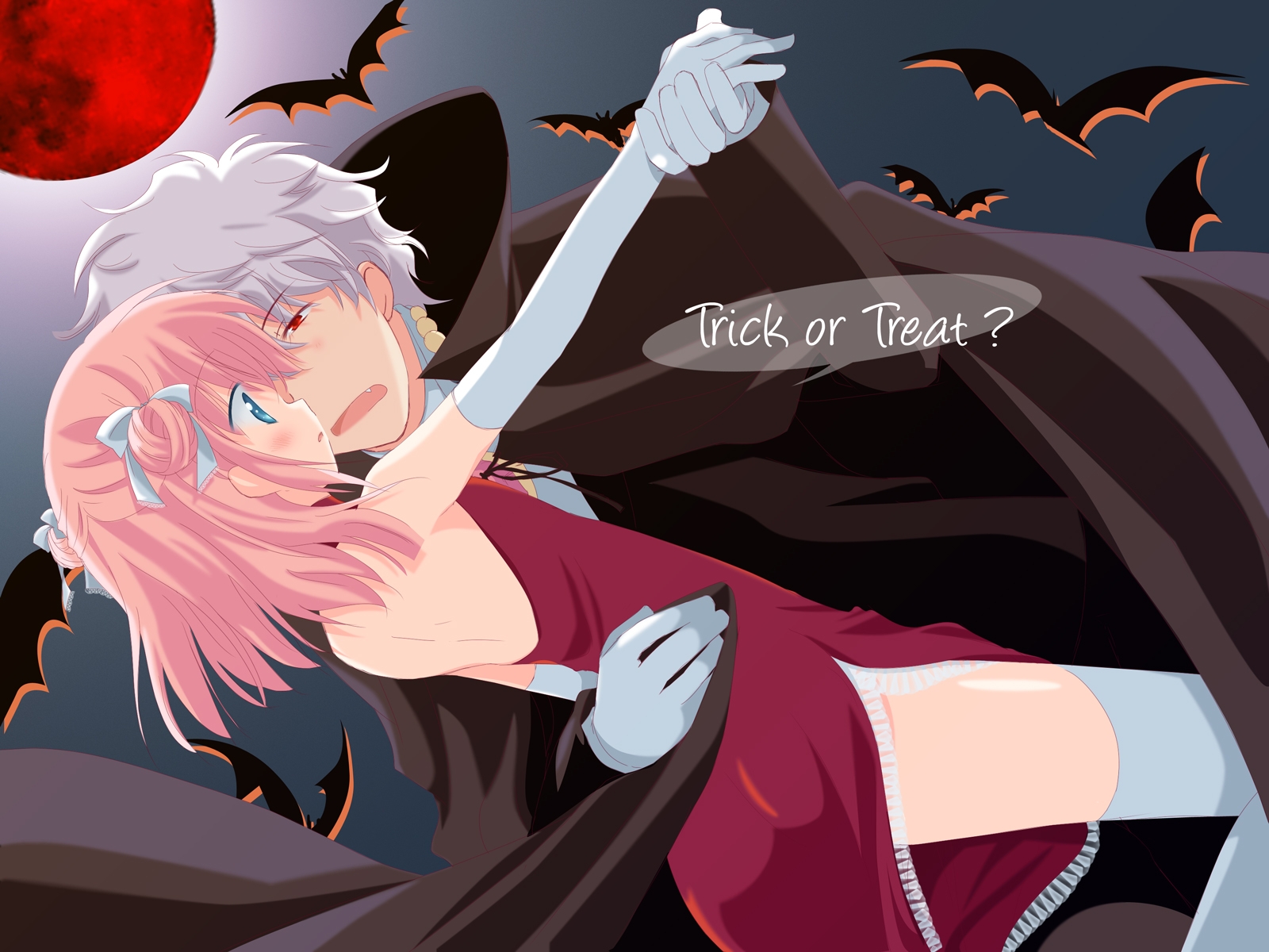 Vampire and Girl Dancing with Bats and Red Moon HD Wallpaper