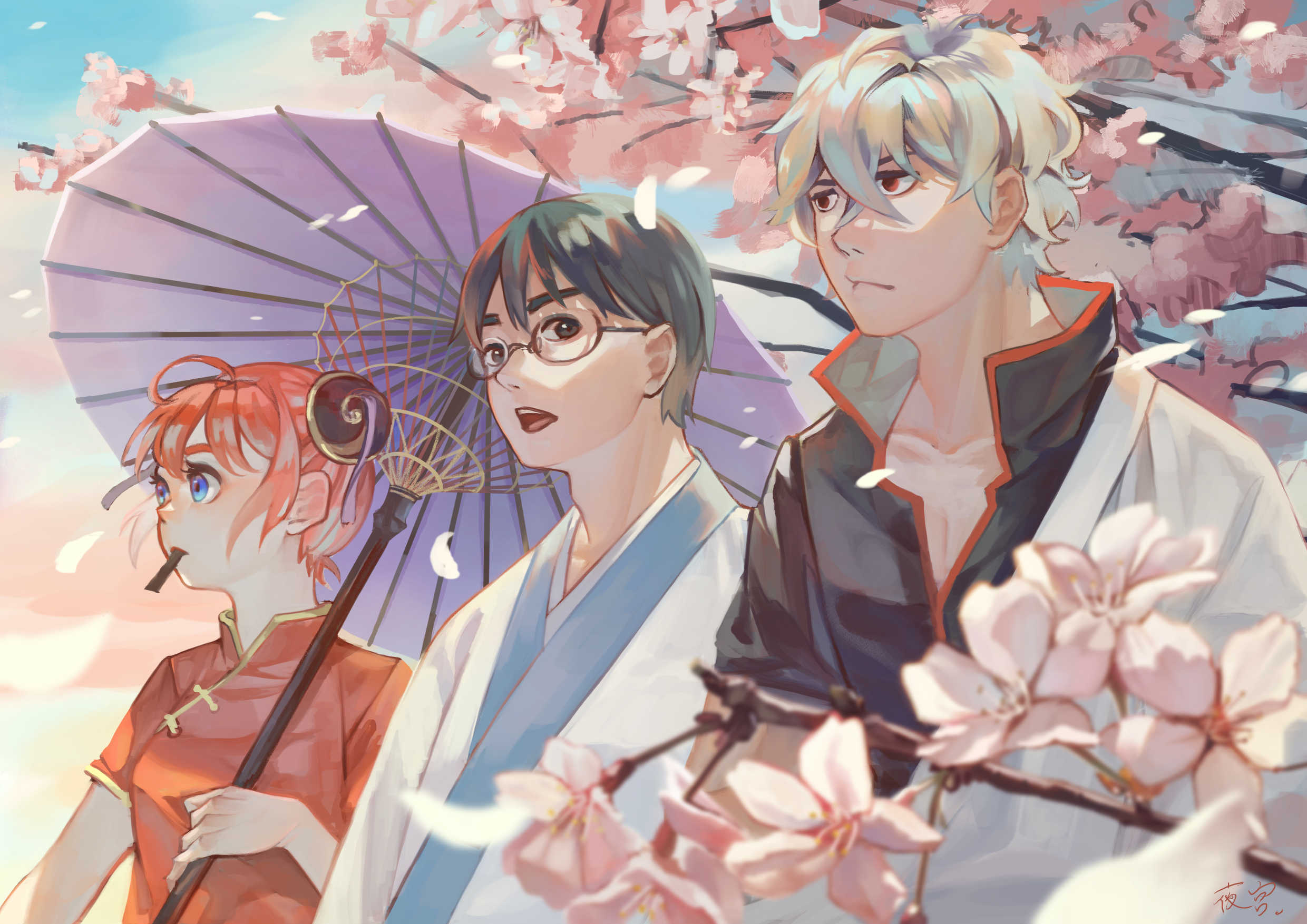Kagura and friends under cherry blossoms HD Wallpaper