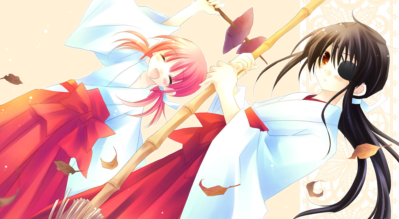 Two shrine maidens with bamboo poles HD Wallpaper