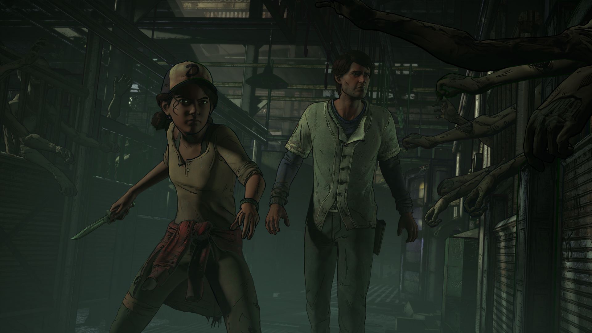 Clementine and man in a dark hallway with zombie arms HD Wallpaper