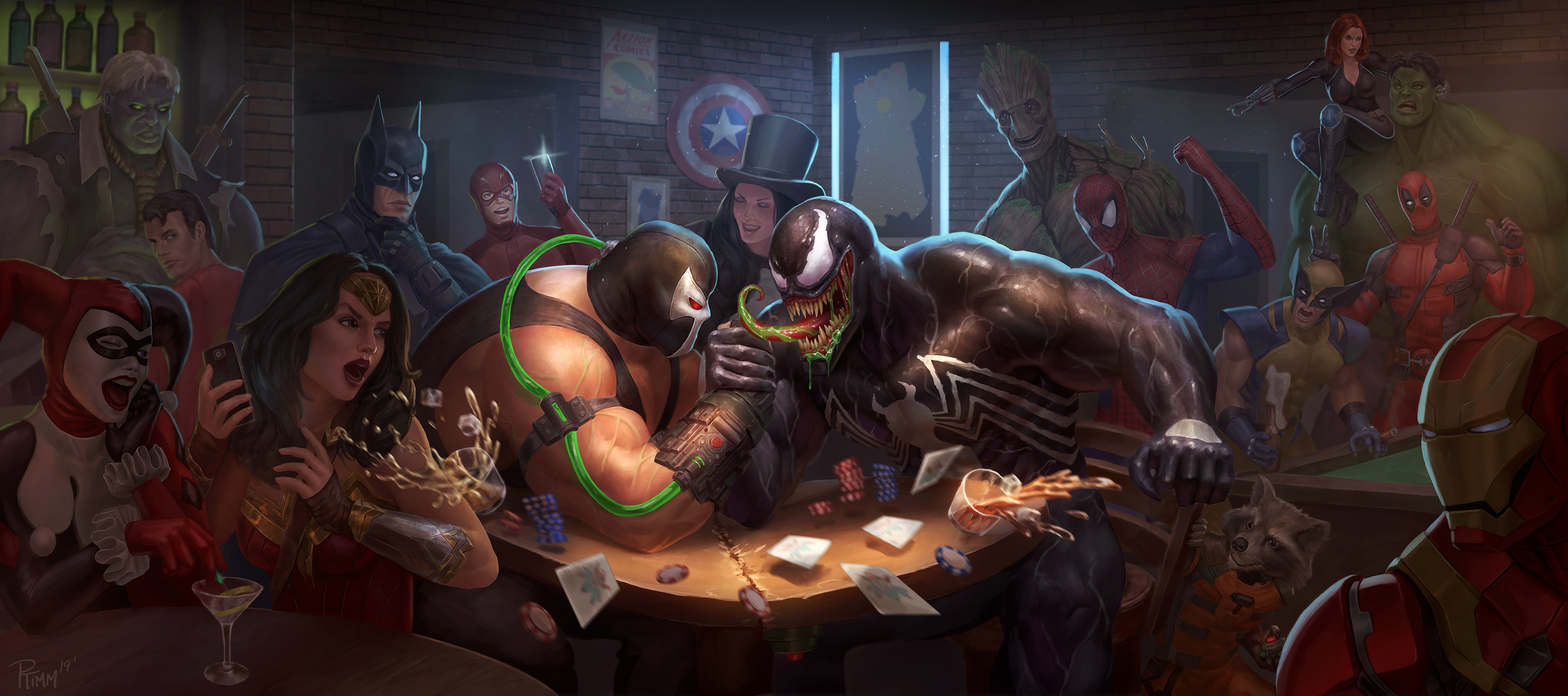 Bane and Venom arm wrestling, surrounded by superheroes and villains HD Wallpaper