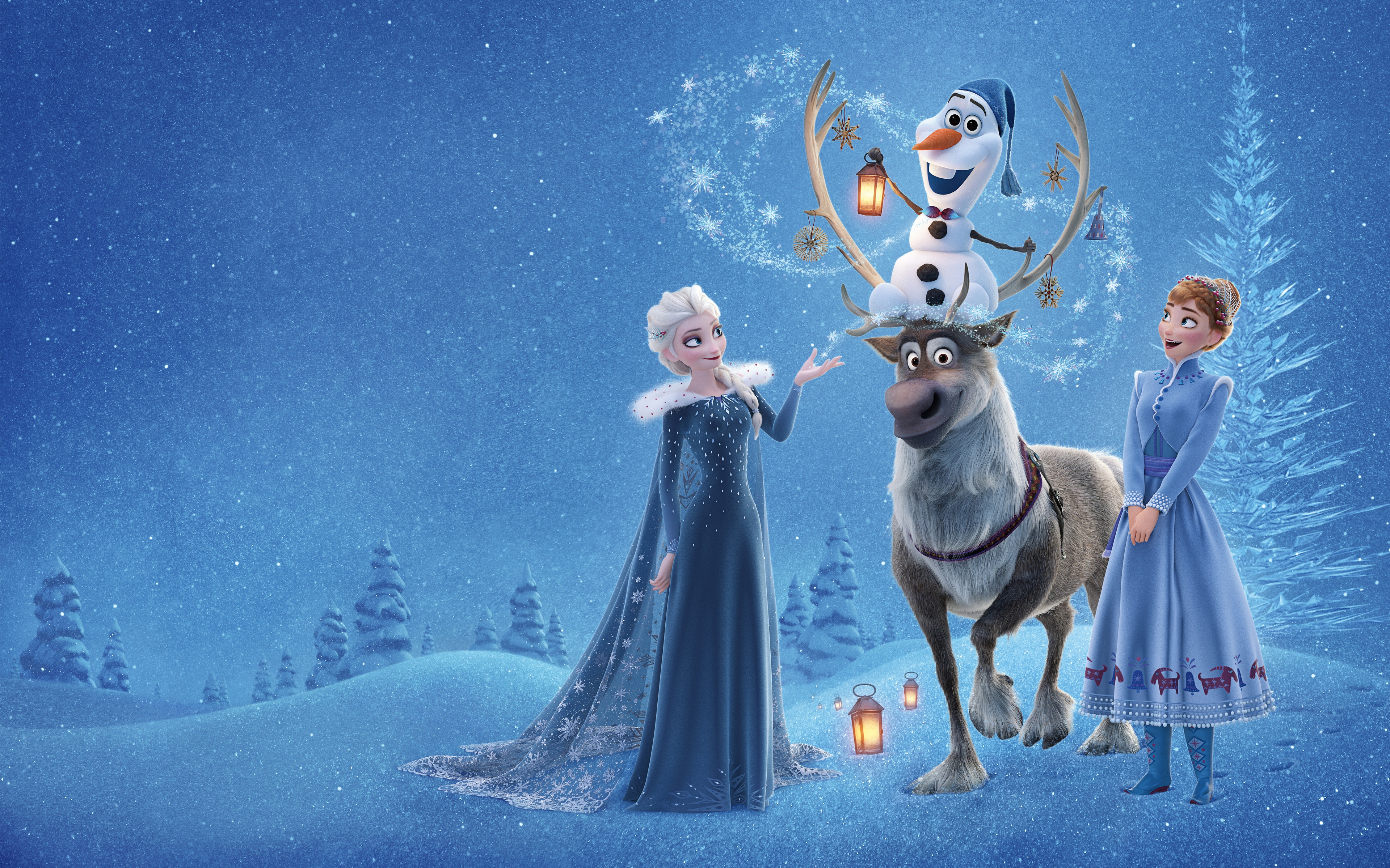 Olaf from Frozen with Elsa, Anna, and Sven in a snowy landscape HD Wallpaper