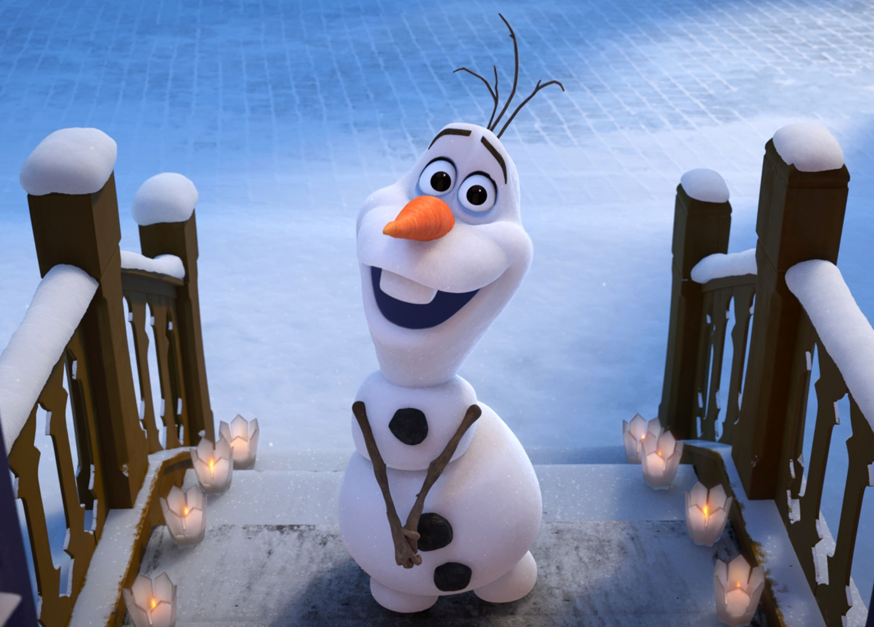 Olaf from Frozen on a snowy staircase HD Wallpaper