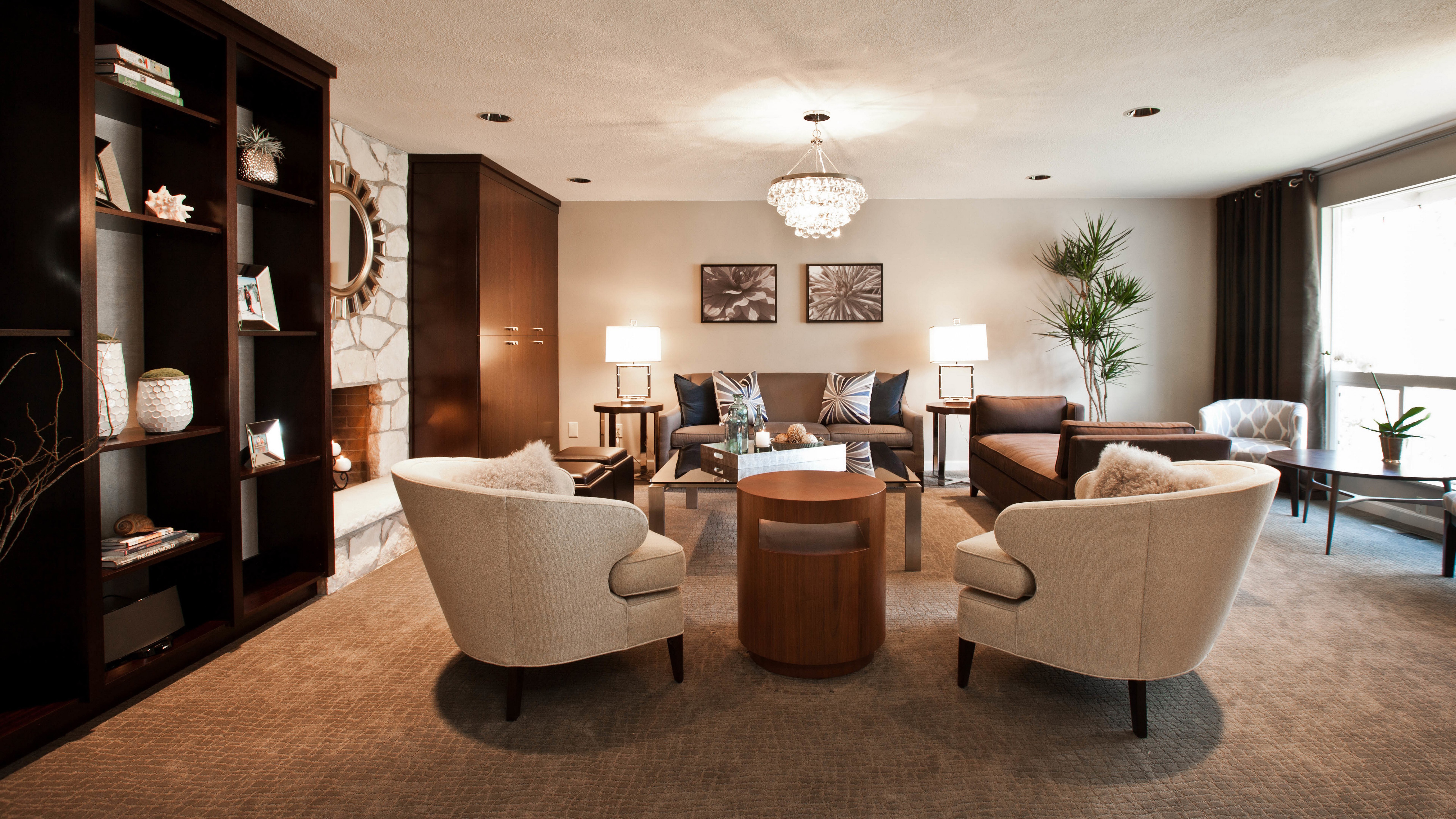 Living room with fireplace and furniture HD Wallpaper