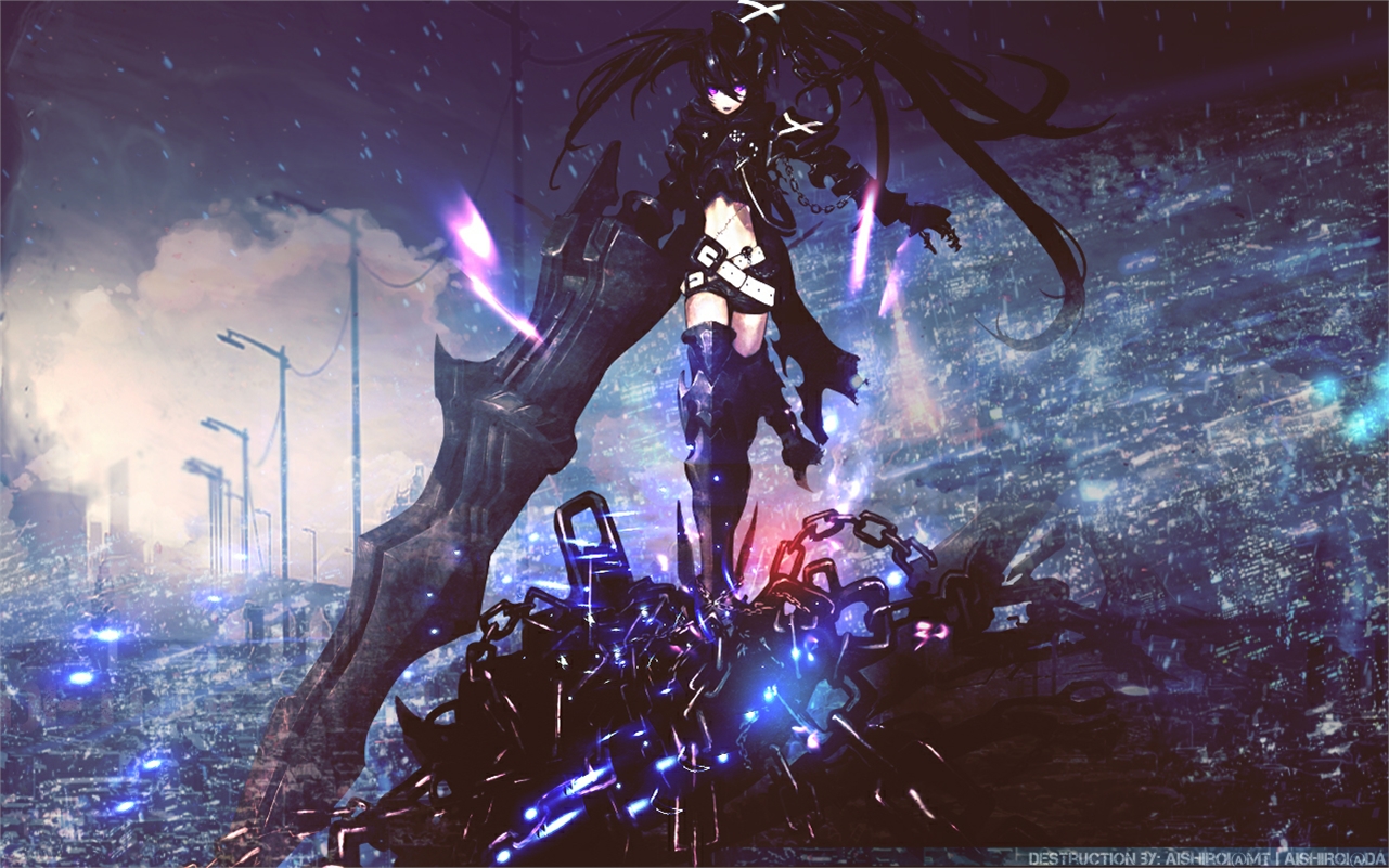 Black Rock Shooter with Giant Sword in City HD Wallpaper