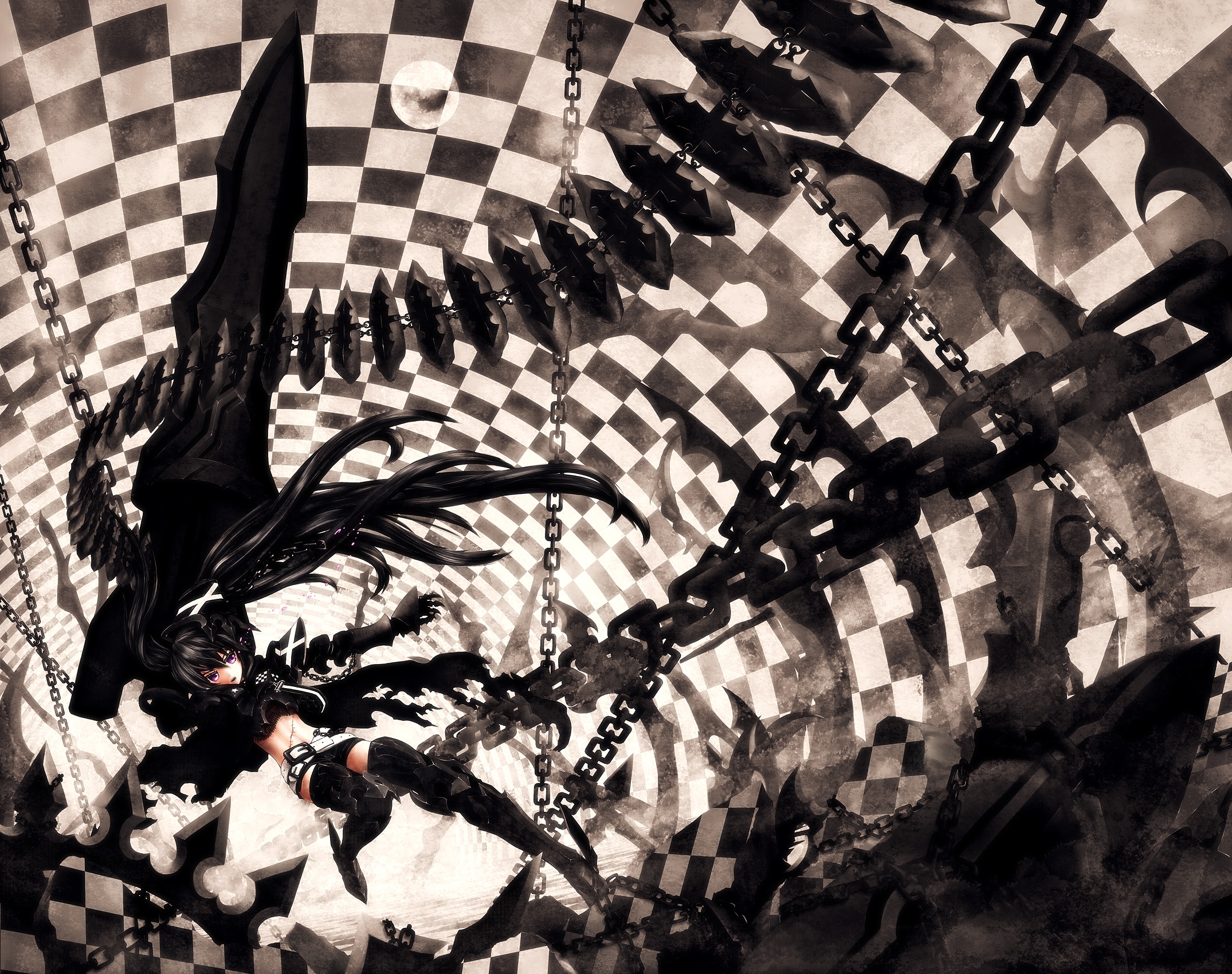 Insane Black Rock Shooter with chains and checkered background HD Wallpaper