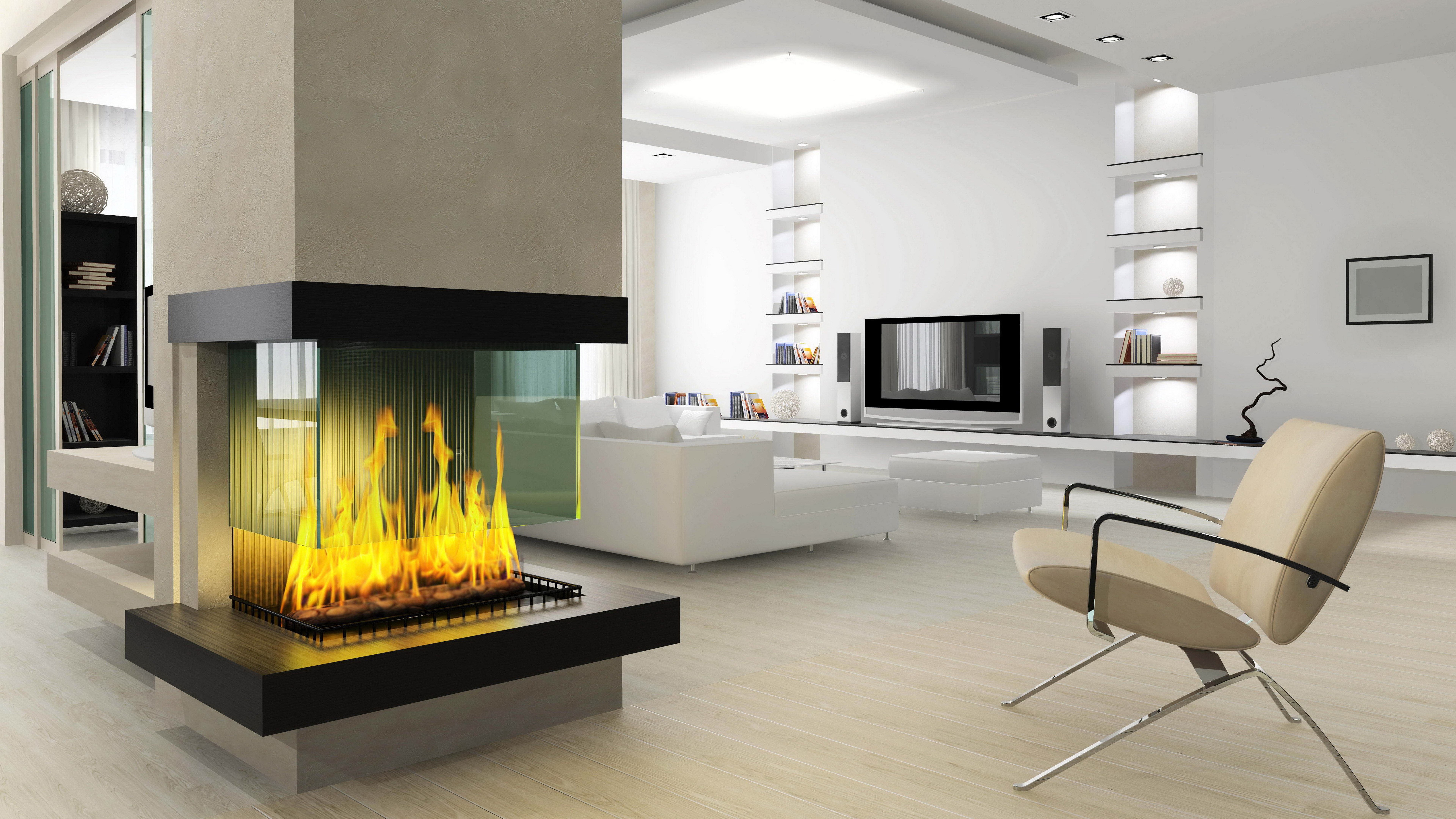 Modern living room with fireplace and armchair HD Wallpaper
