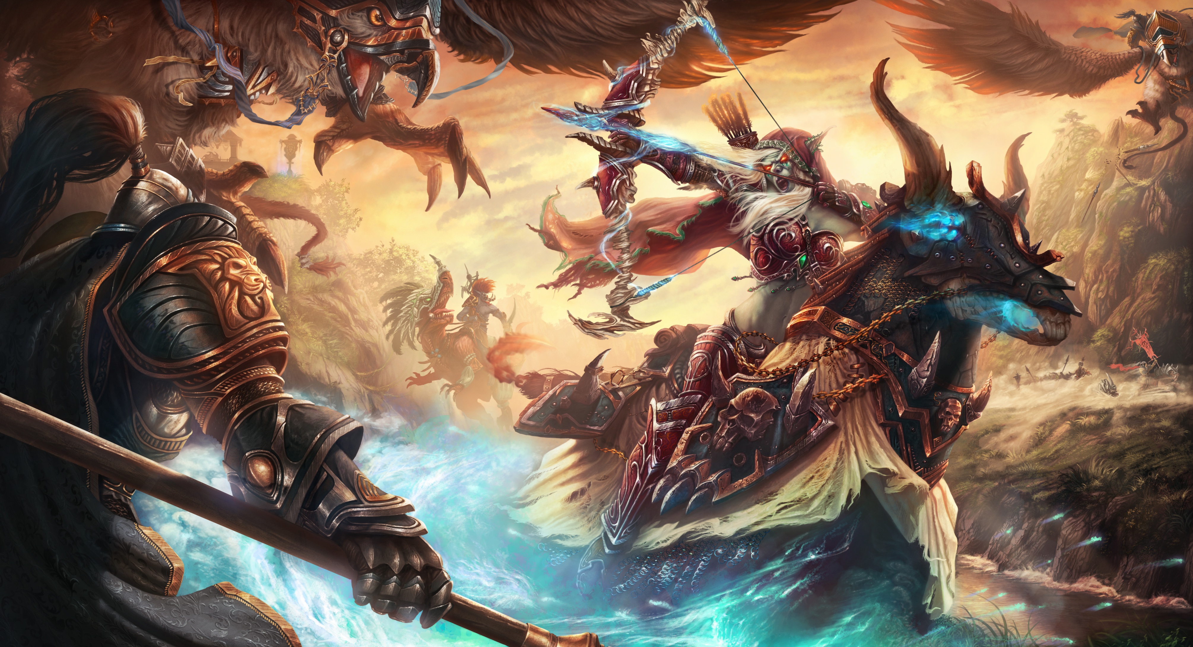 Fantasy battle with archer on dragon mount HD Wallpaper