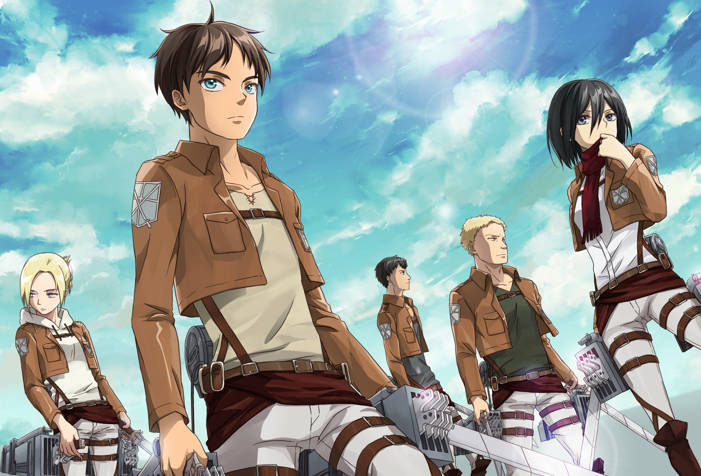 Attack on Titan characters Eren, Mikasa, Reiner, Annie, and Bertholdt HD Wallpaper