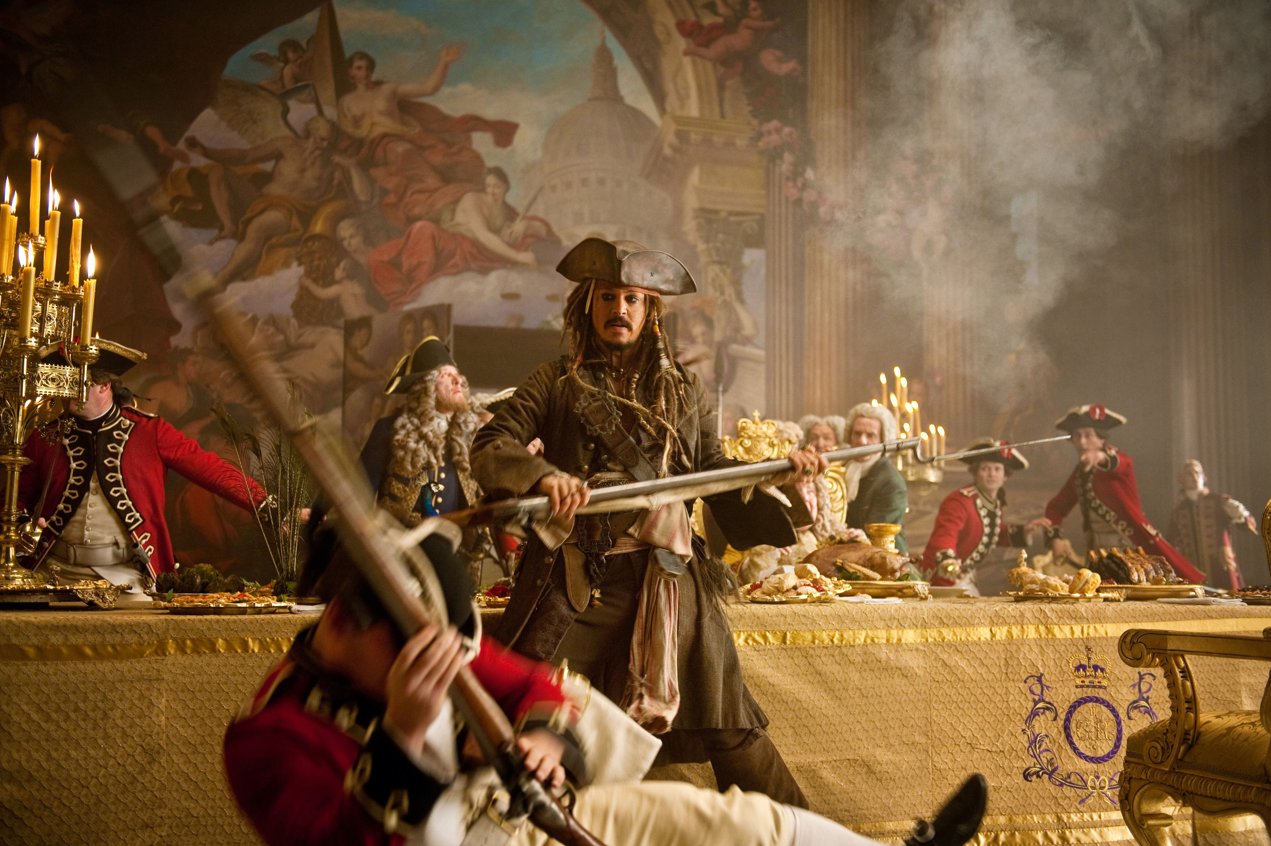 Captain Jack Sparrow in a chaotic feast HD Wallpaper