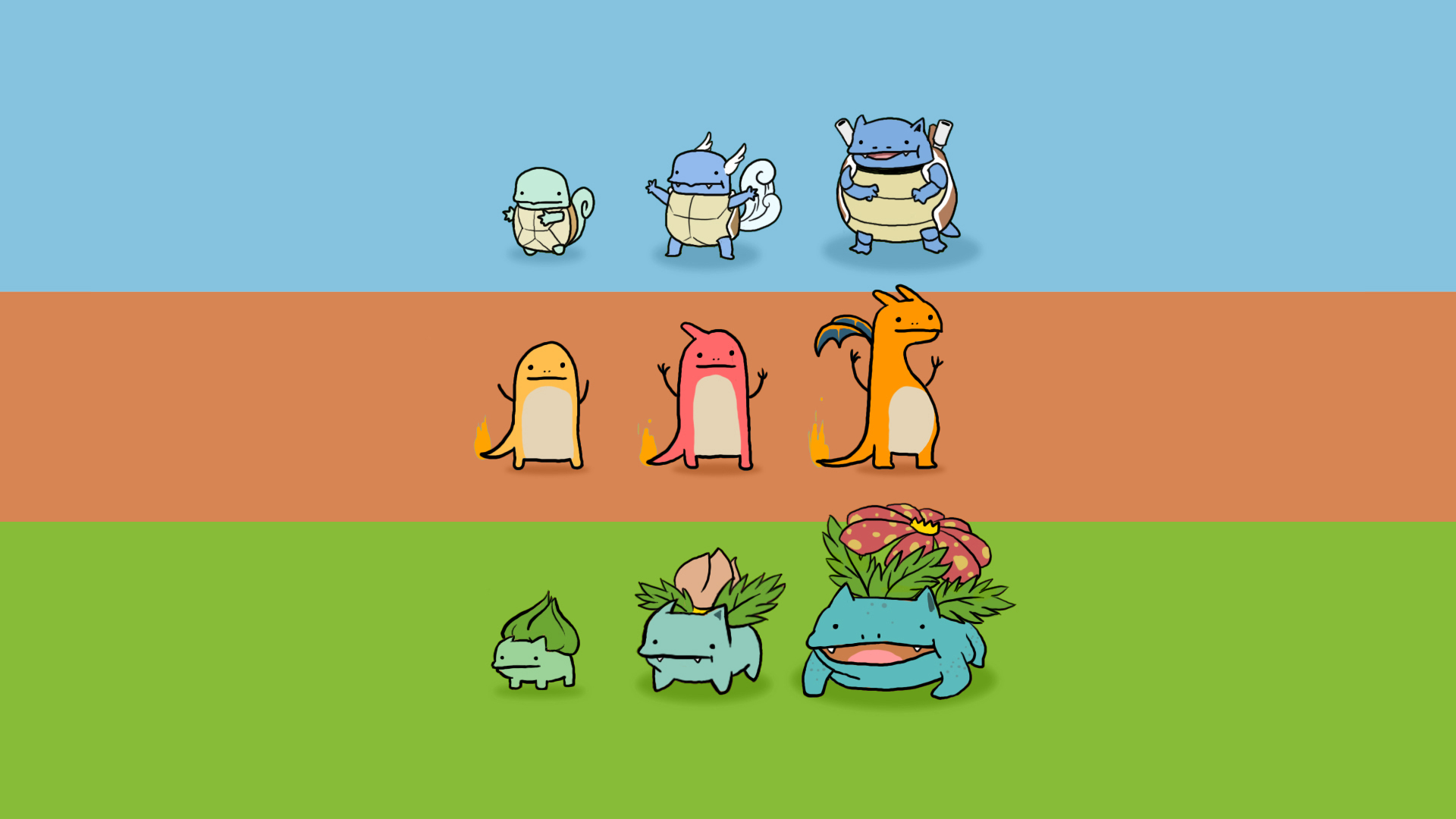 Pokemon evolution lines: Squirtle, Charmander, Bulbasaur HD Wallpaper