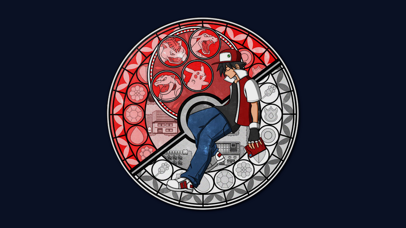Red from Pokemon in a stained glass design HD Wallpaper
