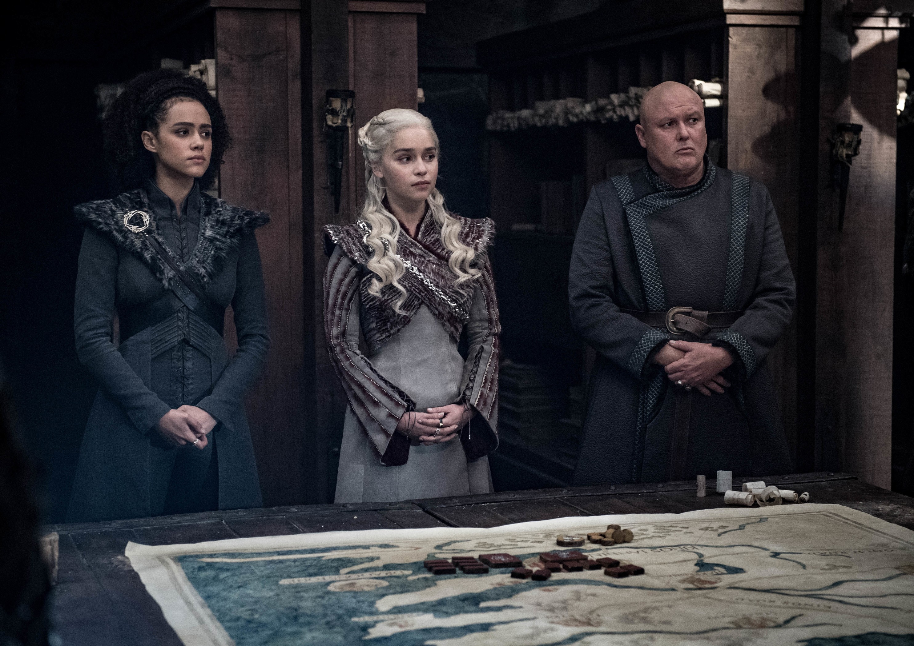Lord Varys, Daenerys Targaryen, and Missandei with a map HD Wallpaper