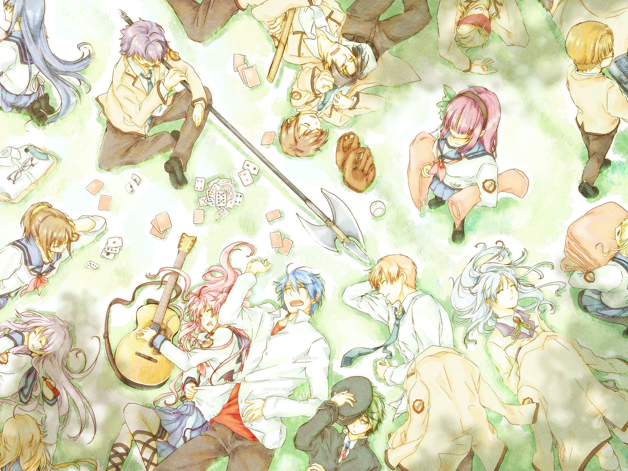 Angel Beats! characters lying on grass HD Wallpaper