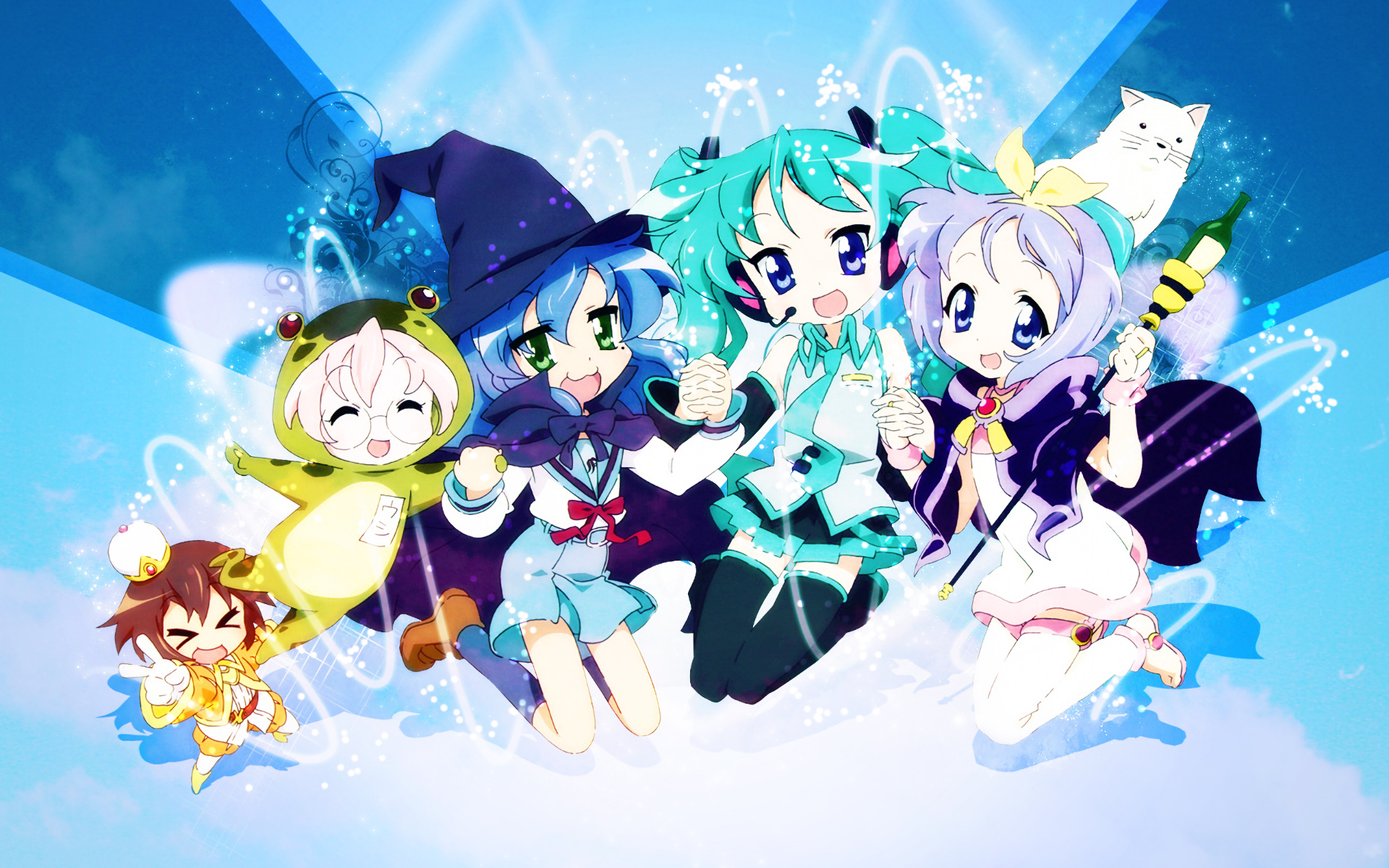 Lucky Star characters with a cat and a bottle HD Wallpaper