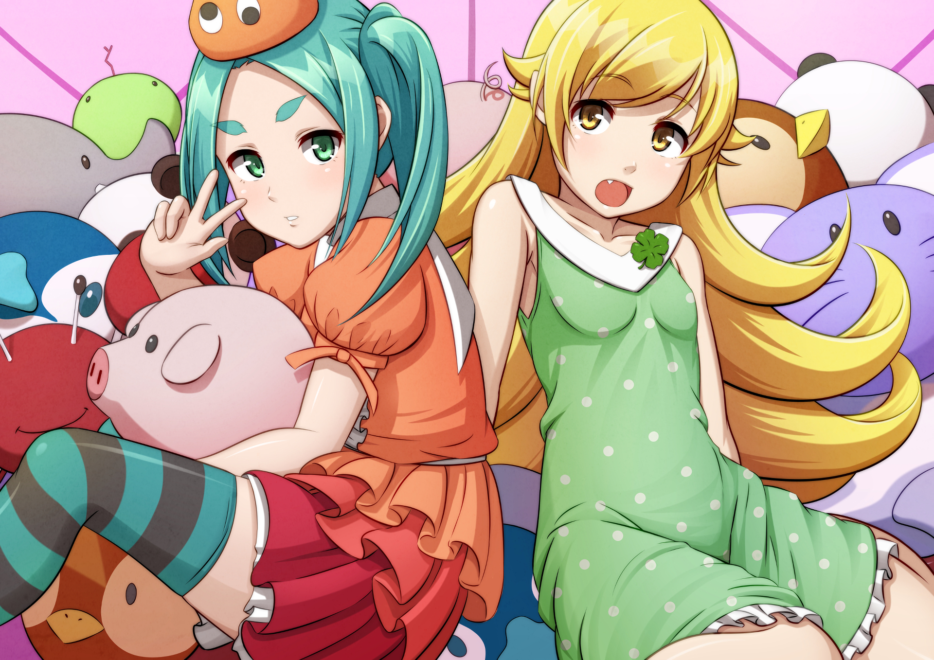 Yotsugi Ononoki and Shinobu Oshino with plush toys HD Wallpaper