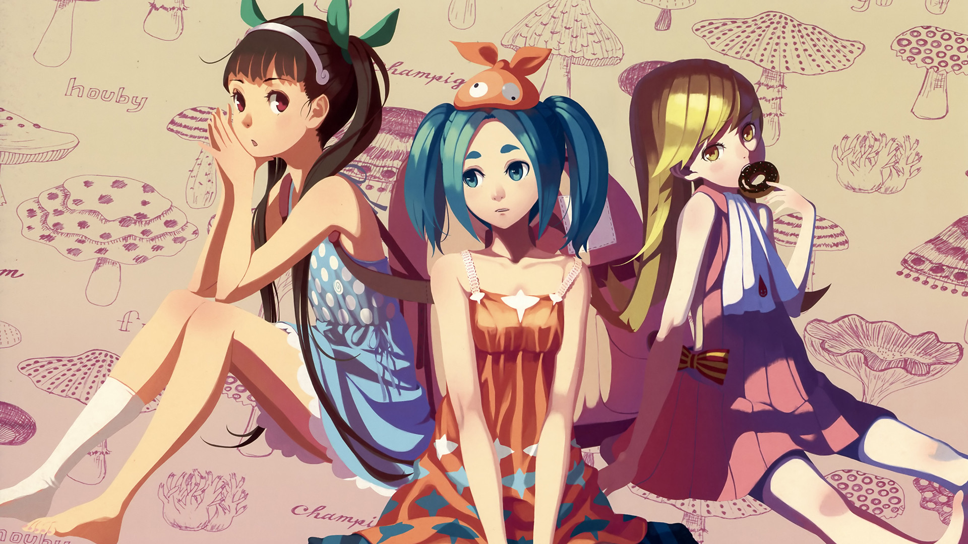 Three anime girls sitting with mushroom background HD Wallpaper