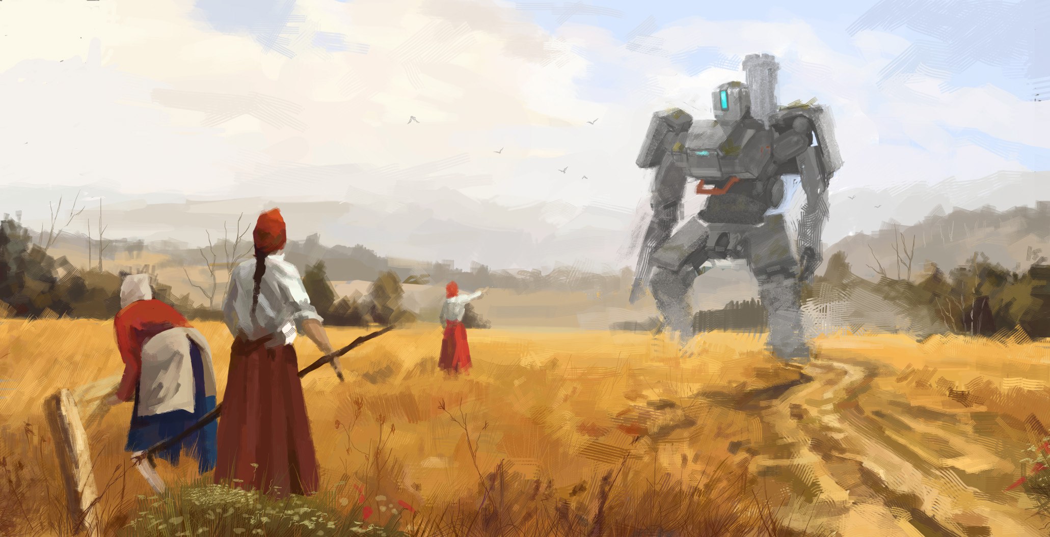 Bastion from Overwatch in a field with farmers HD Wallpaper