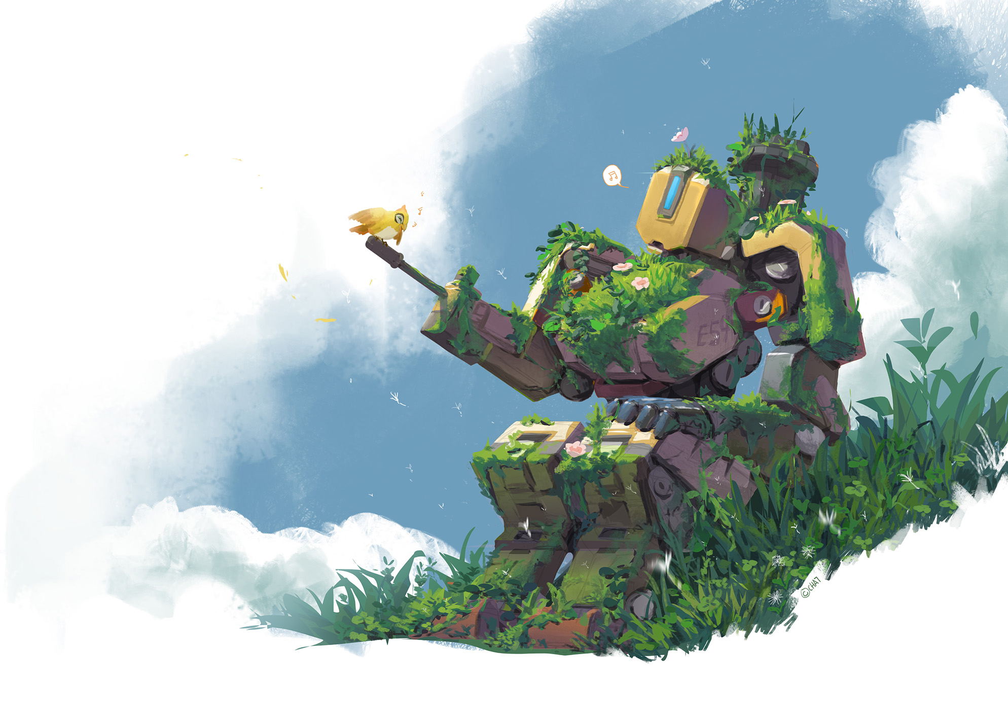 Bastion from Overwatch with a bird HD Wallpaper