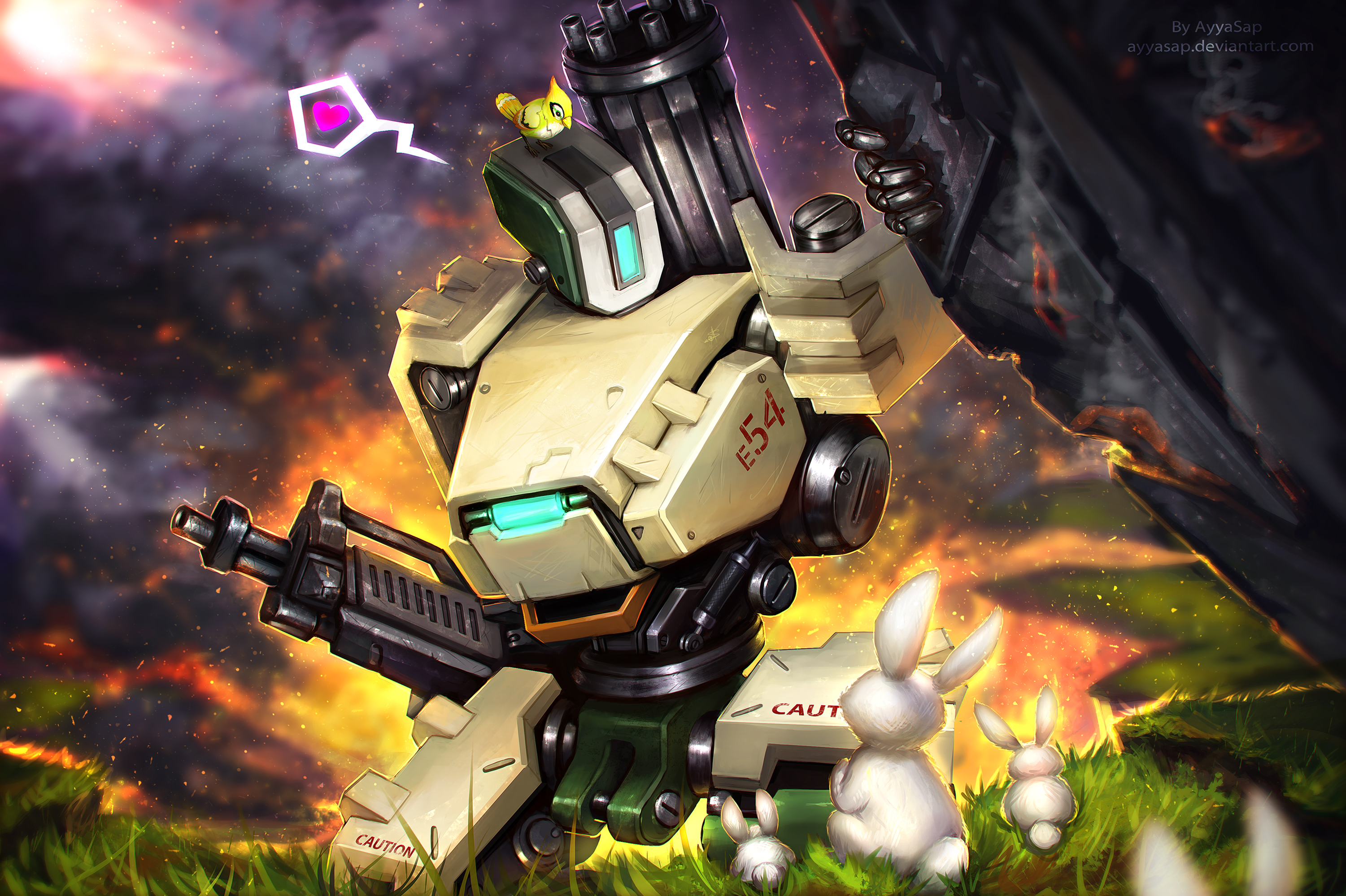 Bastion from Overwatch with bunnies HD Wallpaper