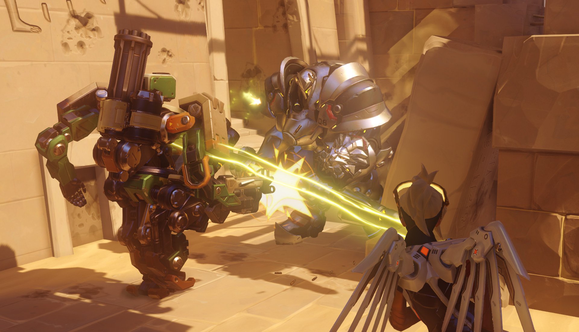 Bastion and Reinhardt from Overwatch in combat HD Wallpaper