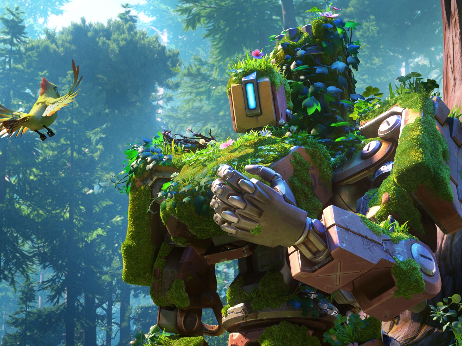 Bastion from Overwatch overgrown with moss and plants HD Wallpaper