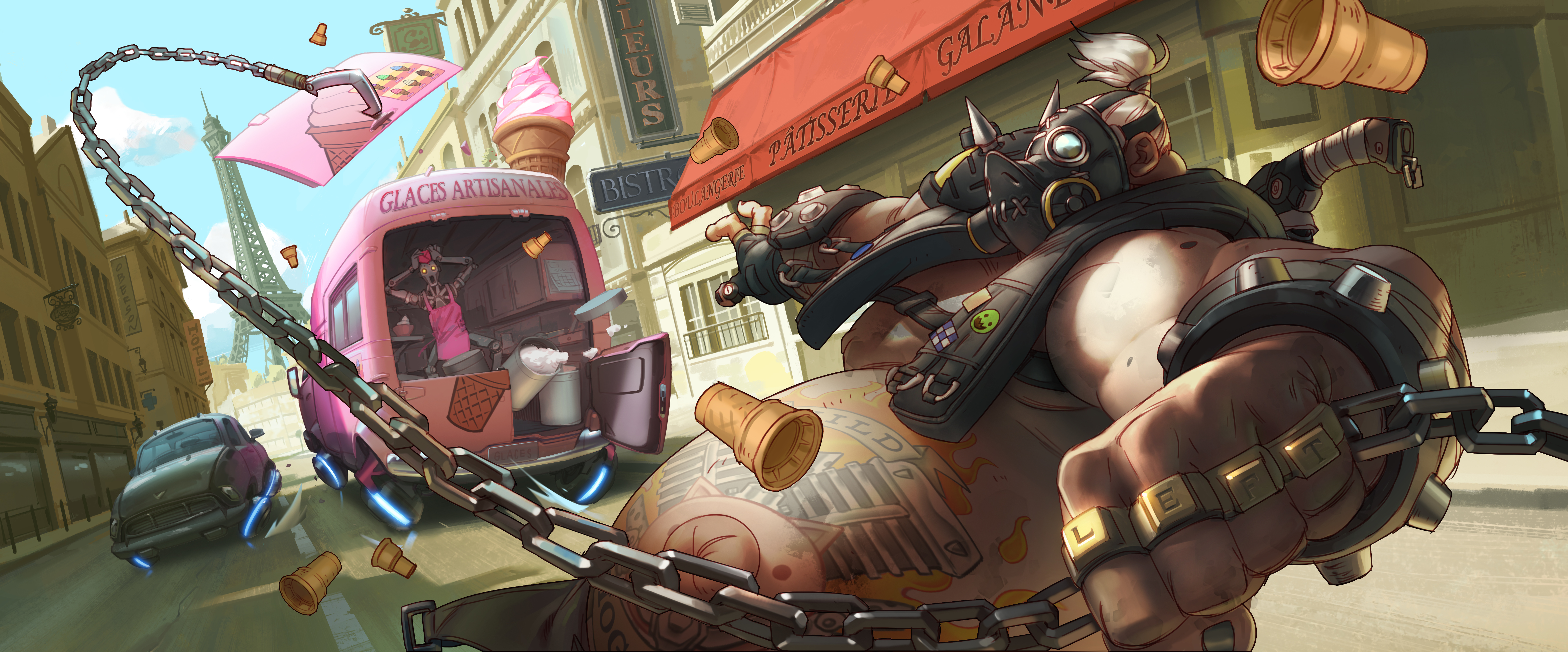 Roadhog from Overwatch in Paris with an ice cream truck HD Wallpaper