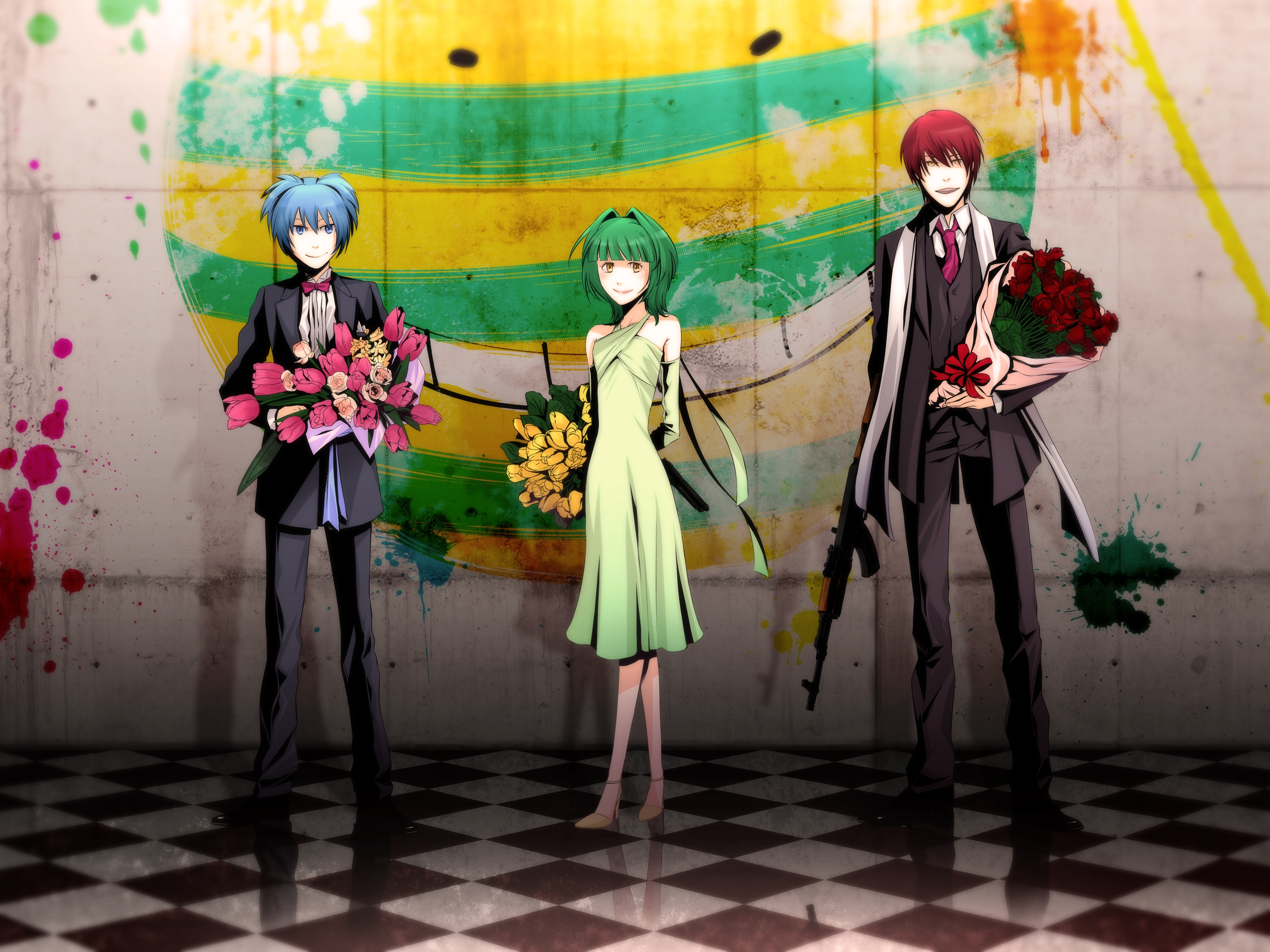 Nagisa Shiota and two men with flowers and a gun HD Wallpaper