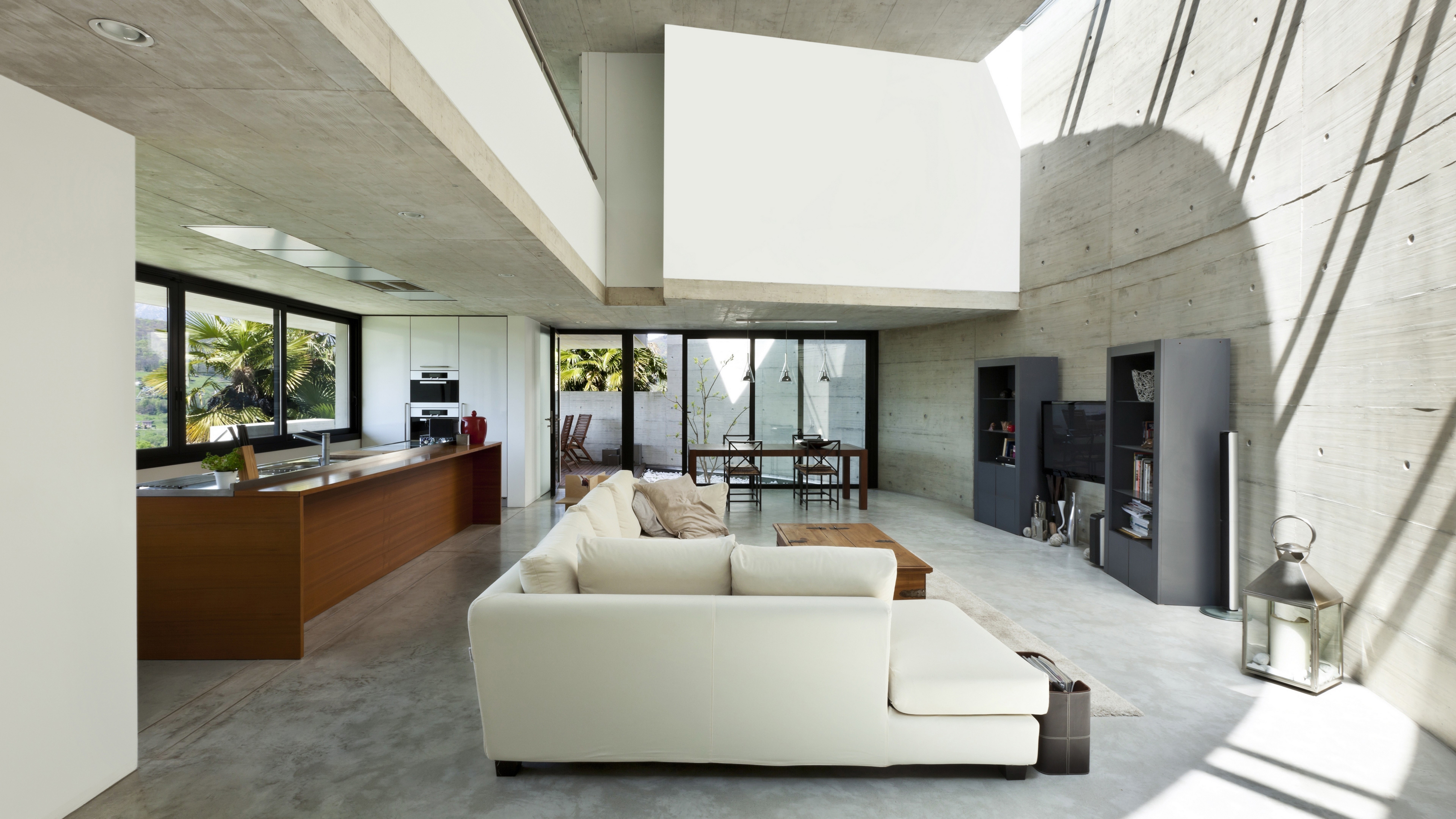 Modern living room with concrete walls and white sofa HD Wallpaper