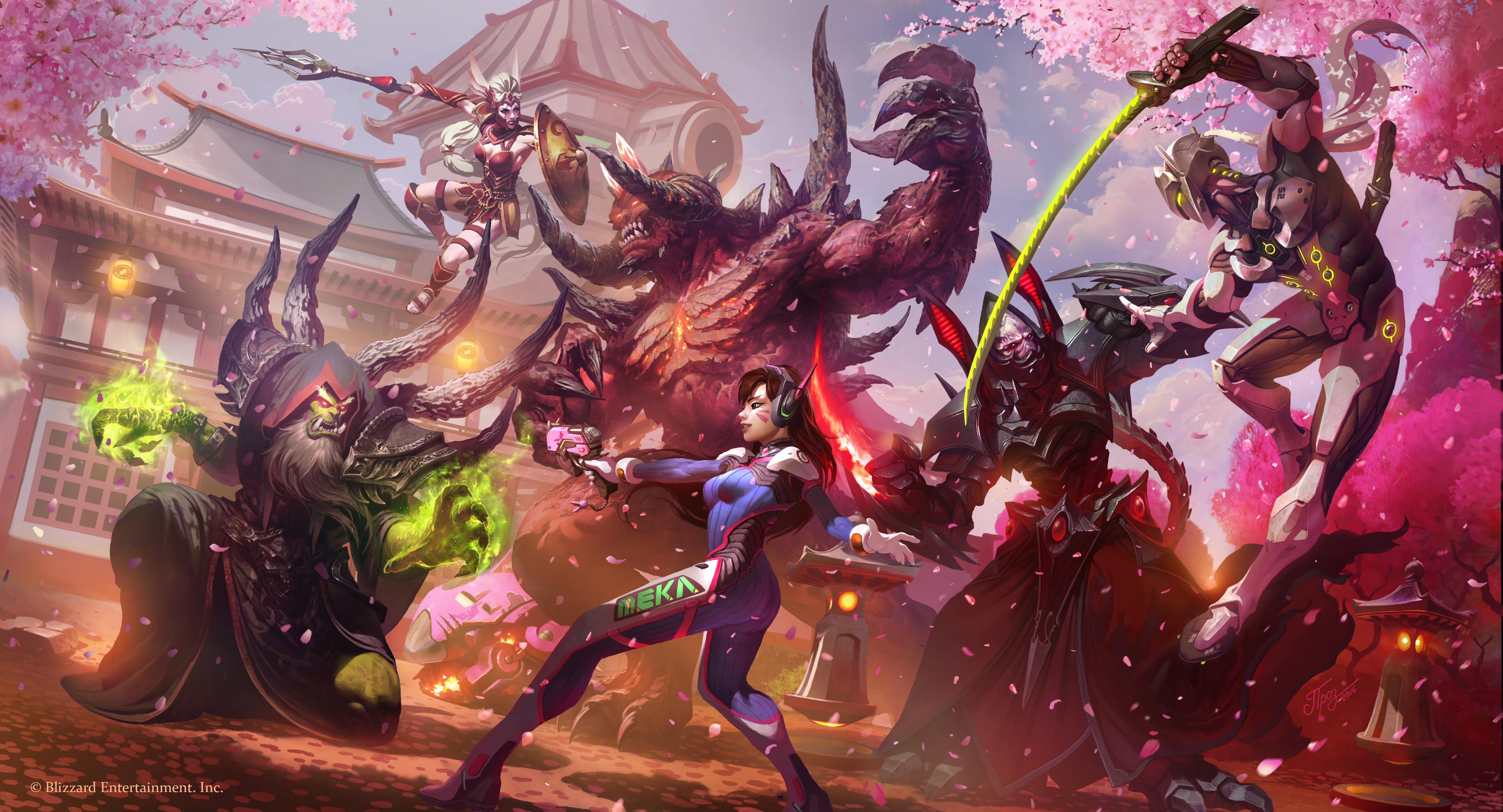 Overwatch characters fighting in a Japanese garden HD Wallpaper