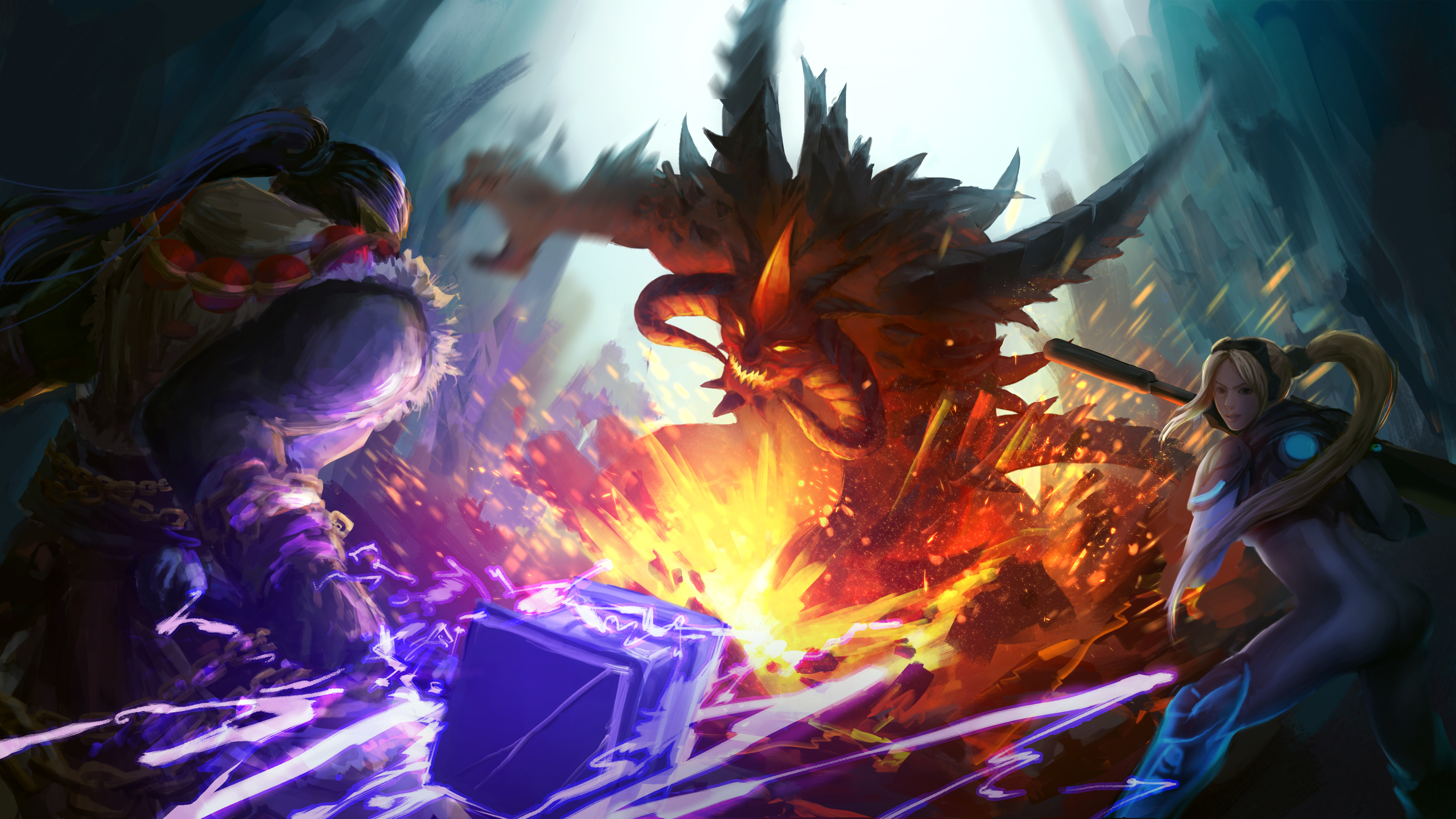 Characters from Diablo fighting a demon HD Wallpaper