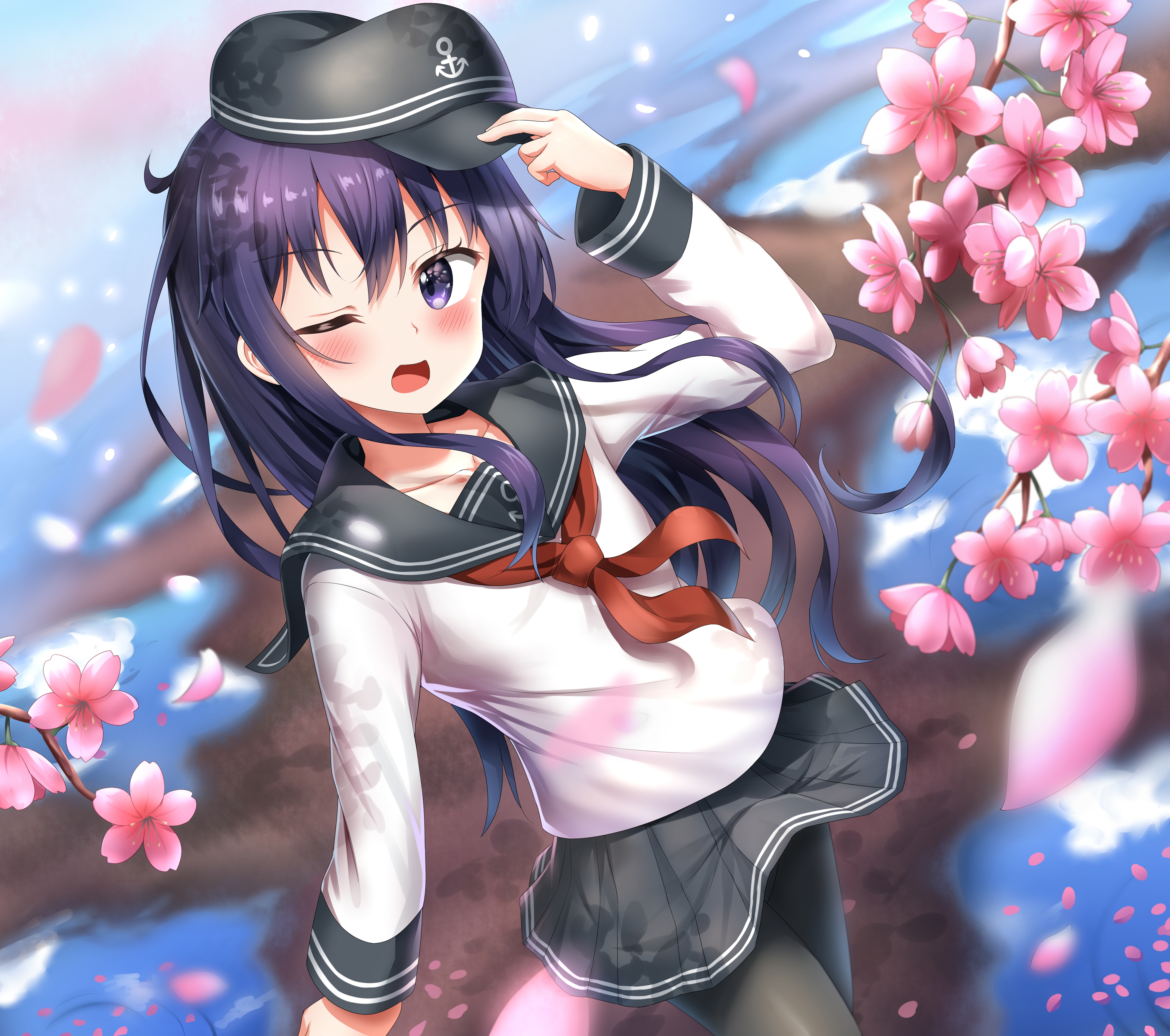 Akatsuki from KanColle winks by cherry blossoms HD Wallpaper