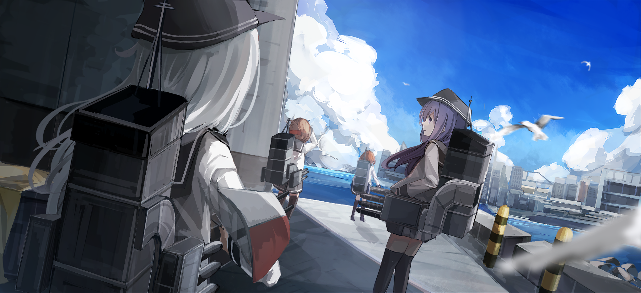 Girls with ship equipment on a pier HD Wallpaper