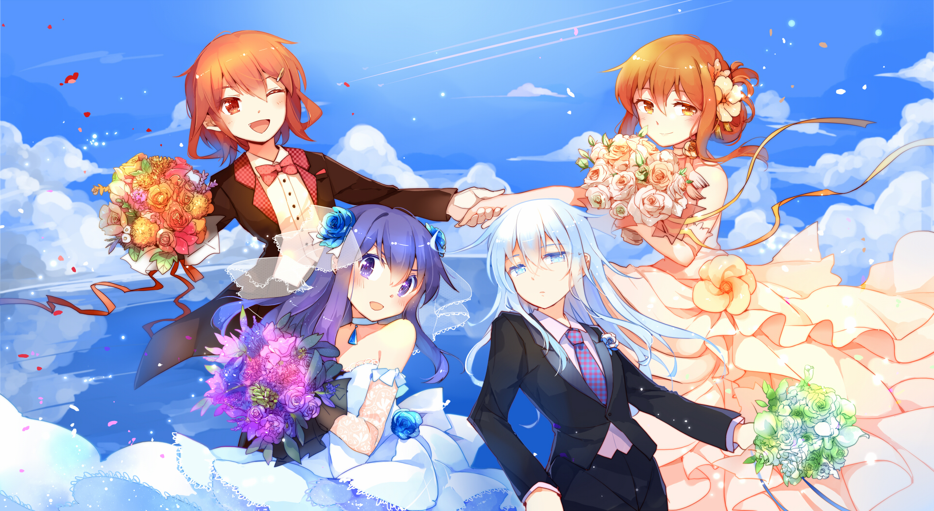Four anime characters in wedding attire holding bouquets HD Wallpaper