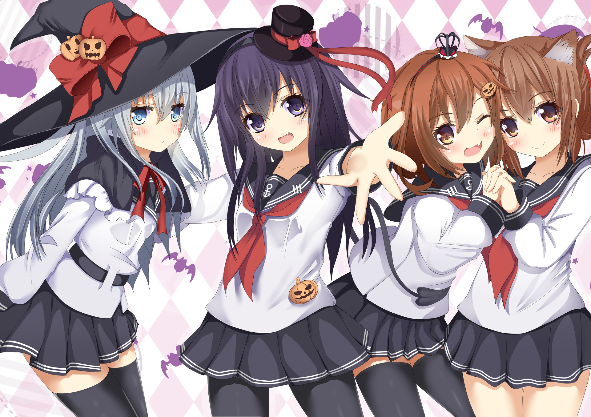 Four anime girls in Halloween costumes HD Wallpaper