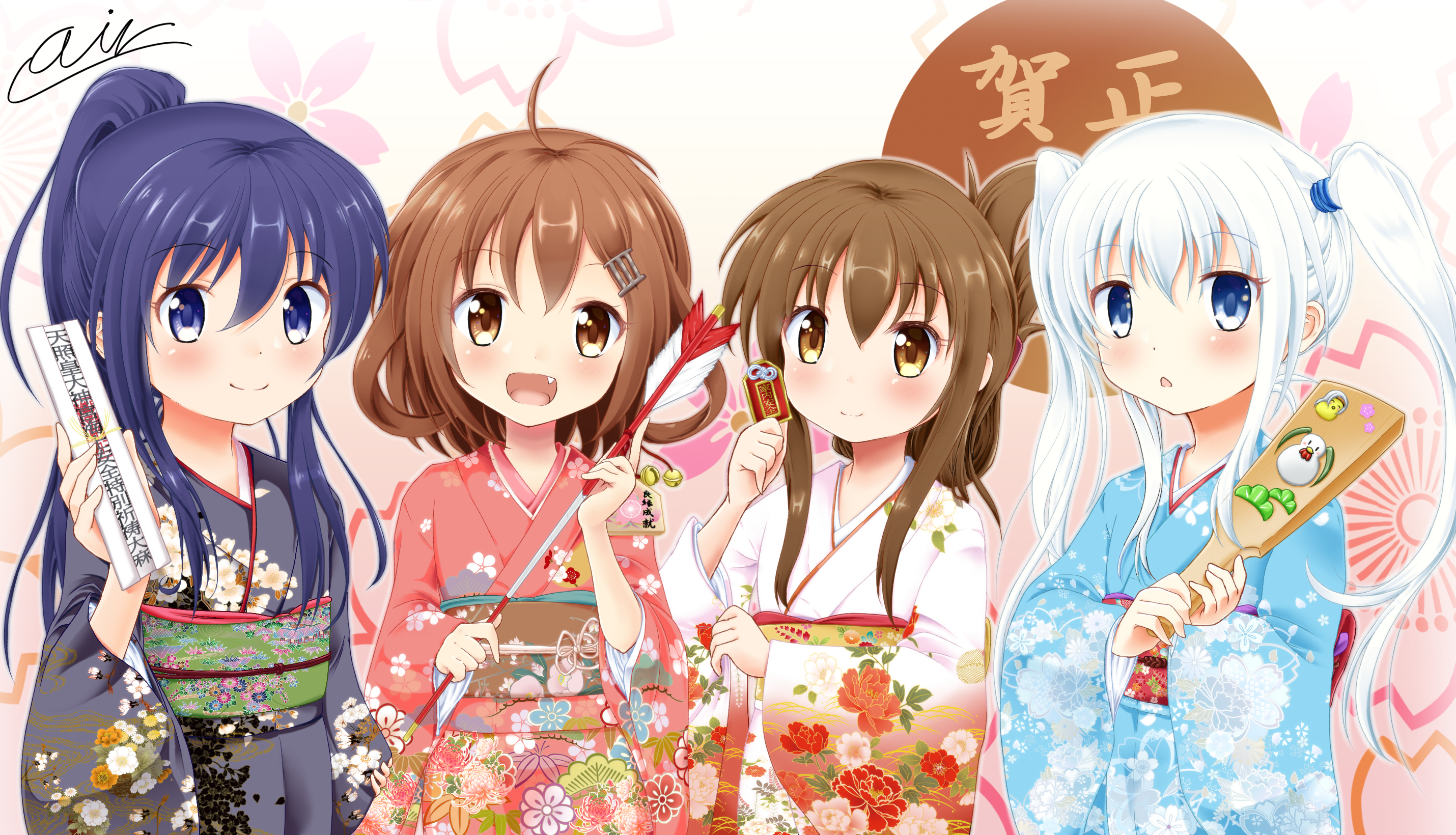 Four girls in kimonos with New Year's decorations HD Wallpaper