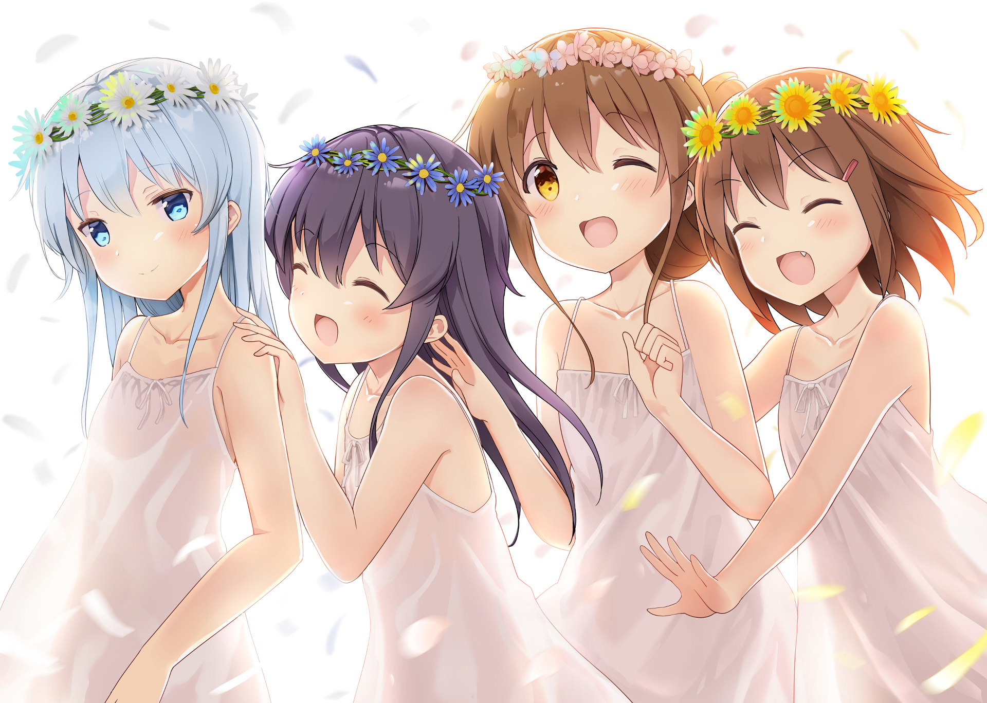 Four anime girls with flower crowns HD Wallpaper