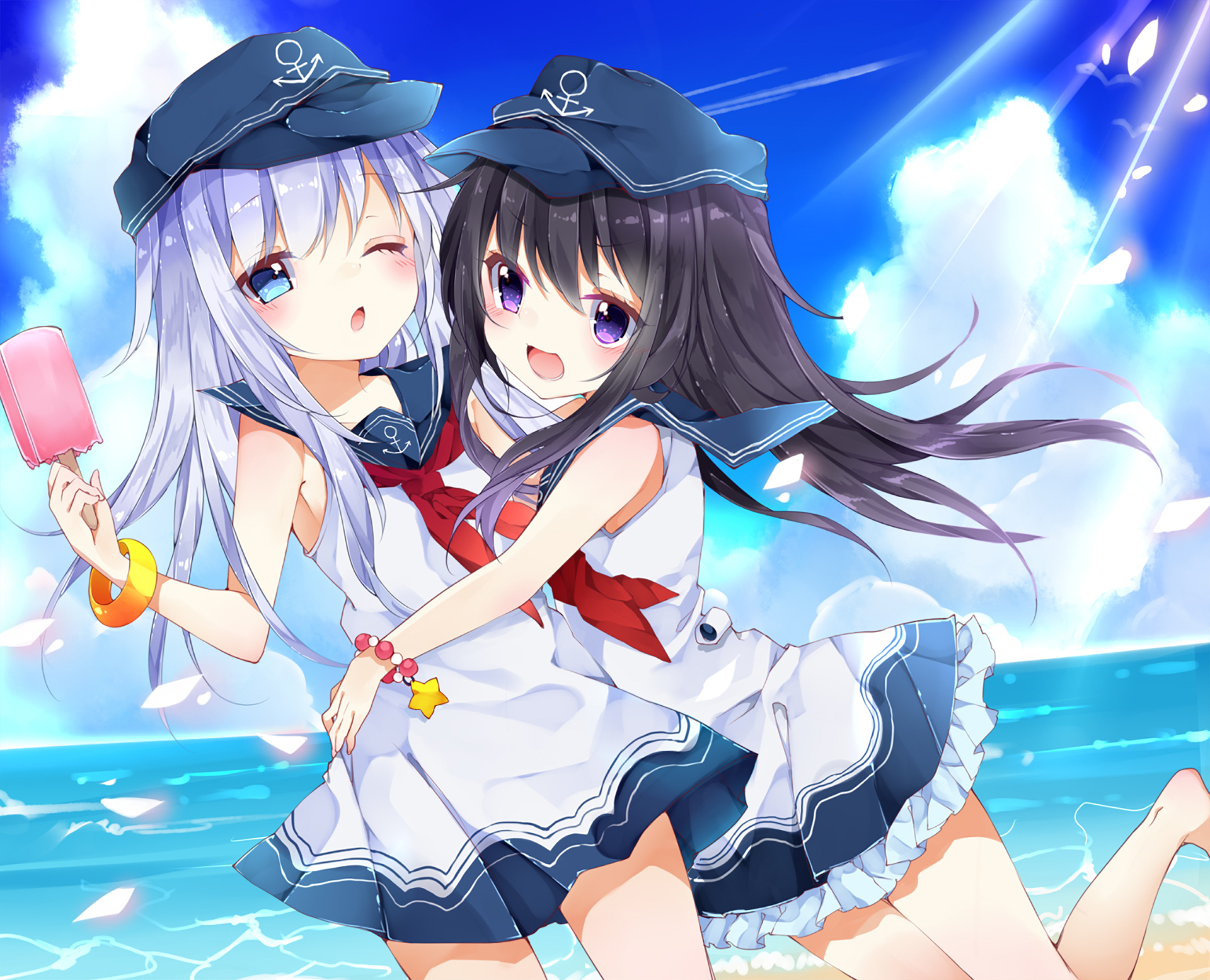 Two anime girls in sailor outfits at the beach HD Wallpaper