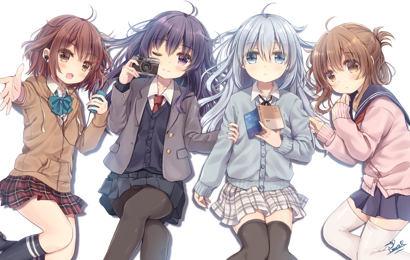 Four anime girls in school uniforms HD Wallpaper
