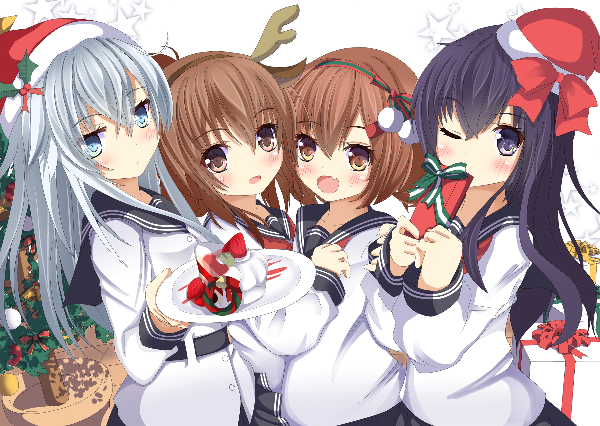 Four girls in sailor uniforms celebrating Christmas HD Wallpaper