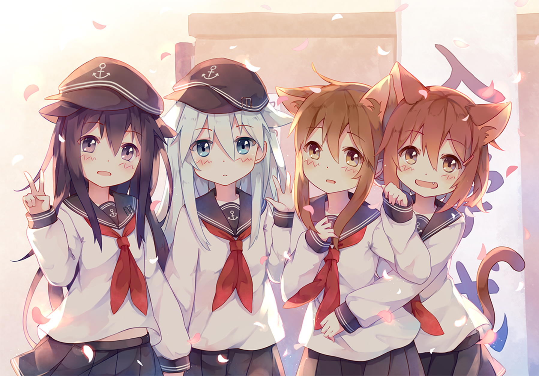 Four anime girls in sailor uniforms with cat ears HD Wallpaper