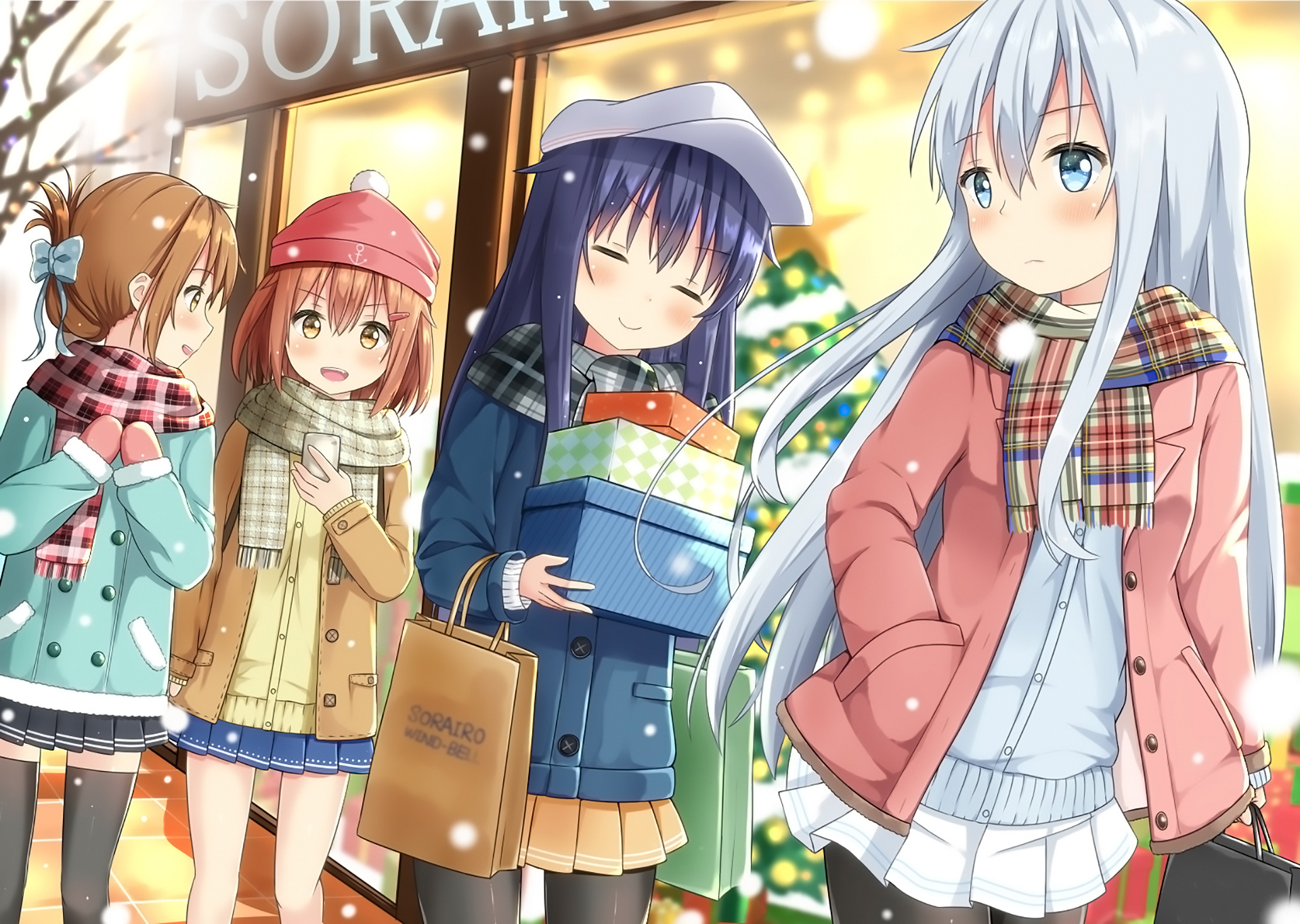 Girls in winter coats with gifts and shopping bags HD Wallpaper