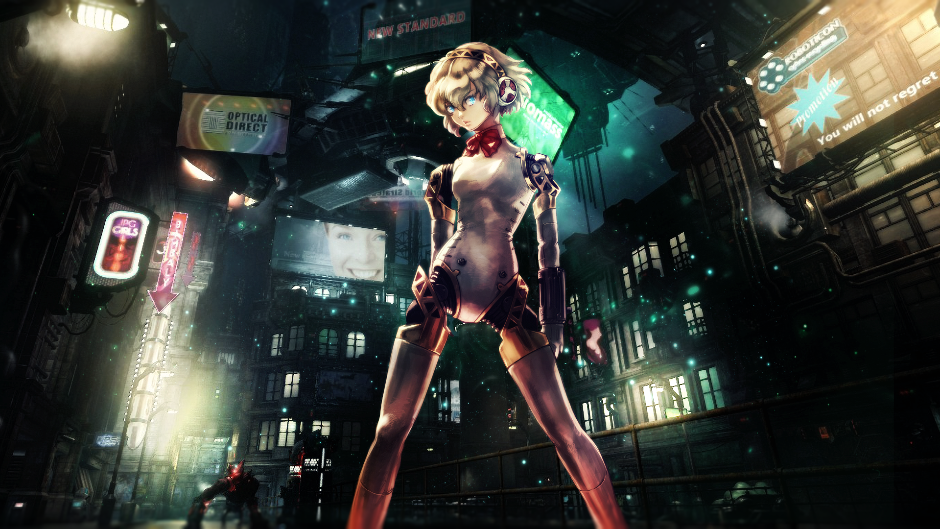 Aigis from Persona in a futuristic city HD Wallpaper