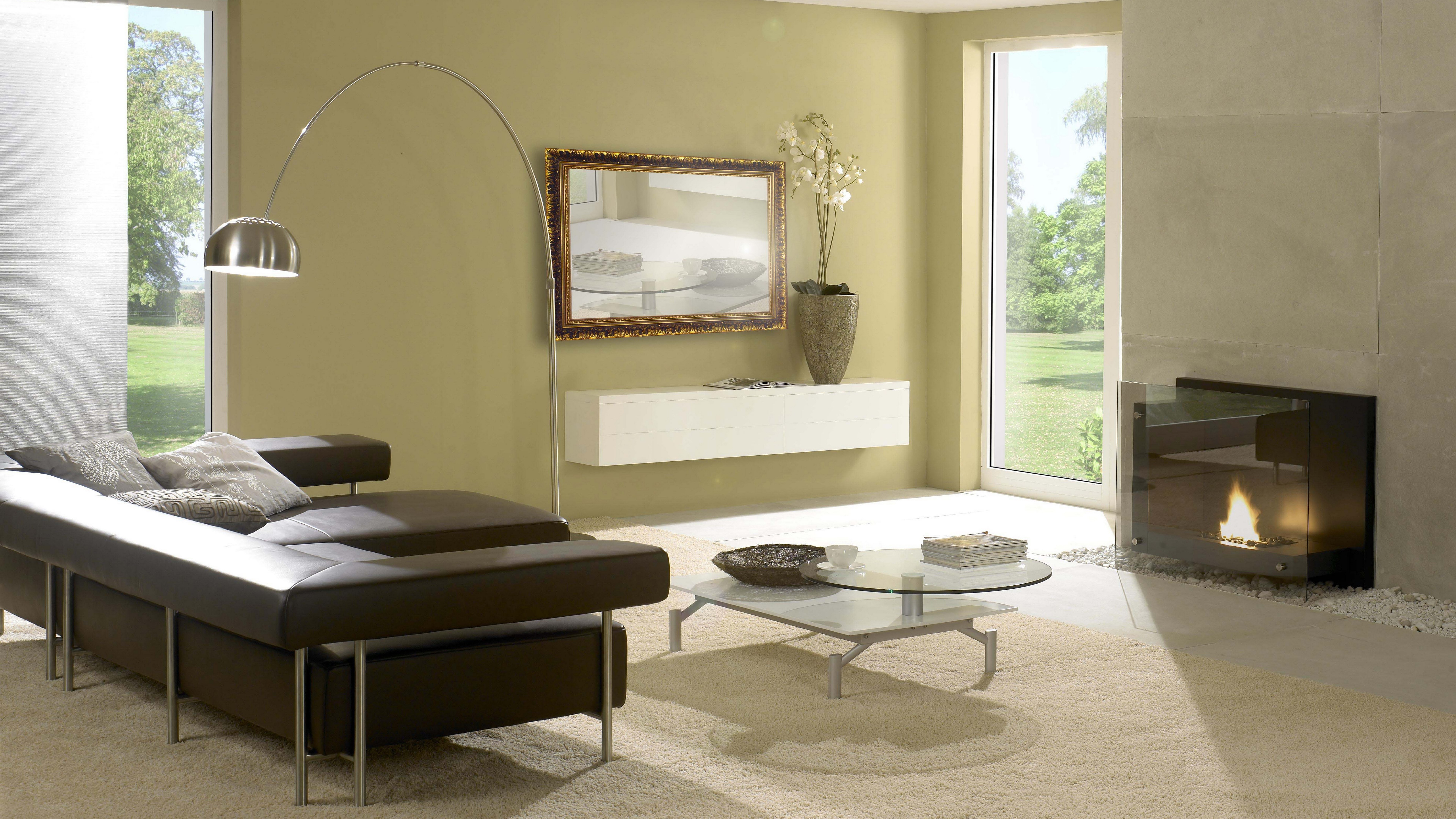 Modern living room with fireplace and sofa HD Wallpaper
