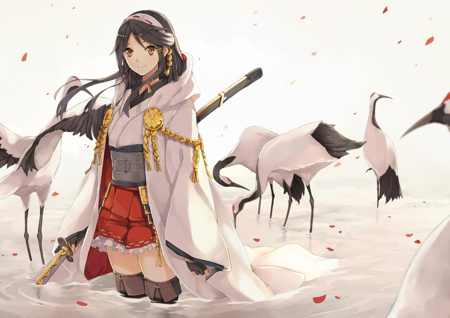 Haruna from Kancolle with cranes HD Wallpaper