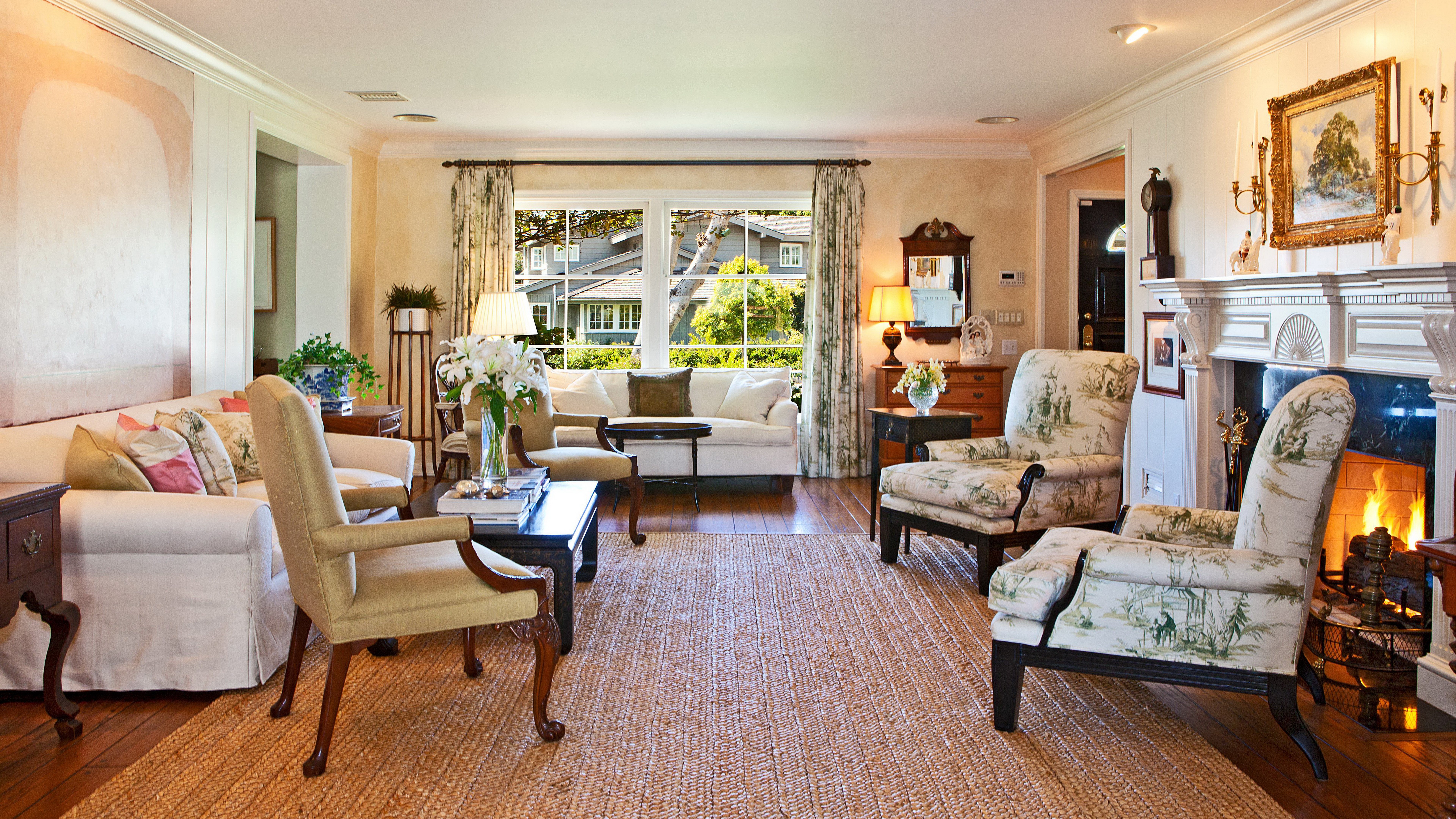 Living room with fireplace and furniture HD Wallpaper