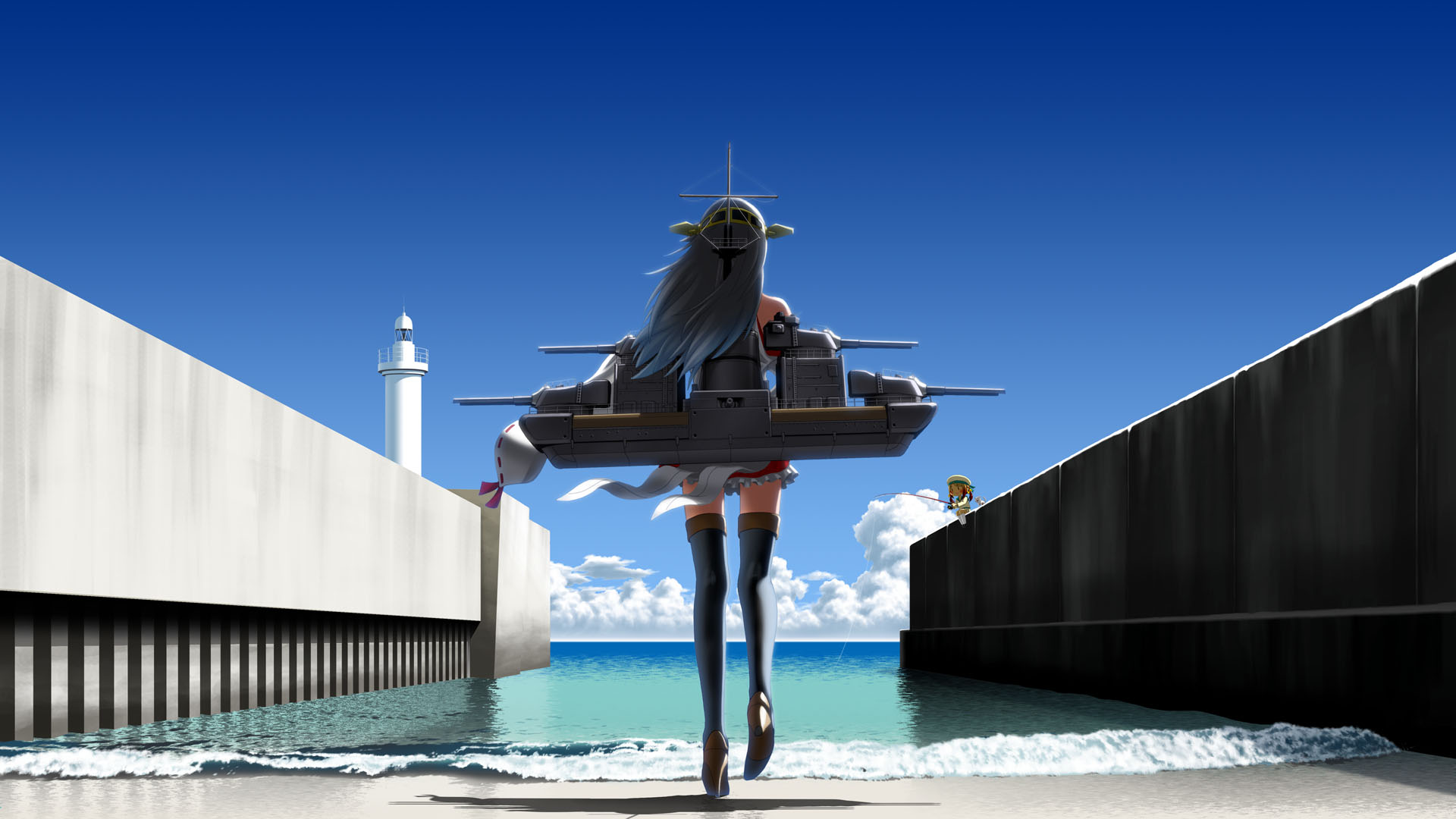 Haruna from Kancolle at a Lighthouse Dock HD Wallpaper