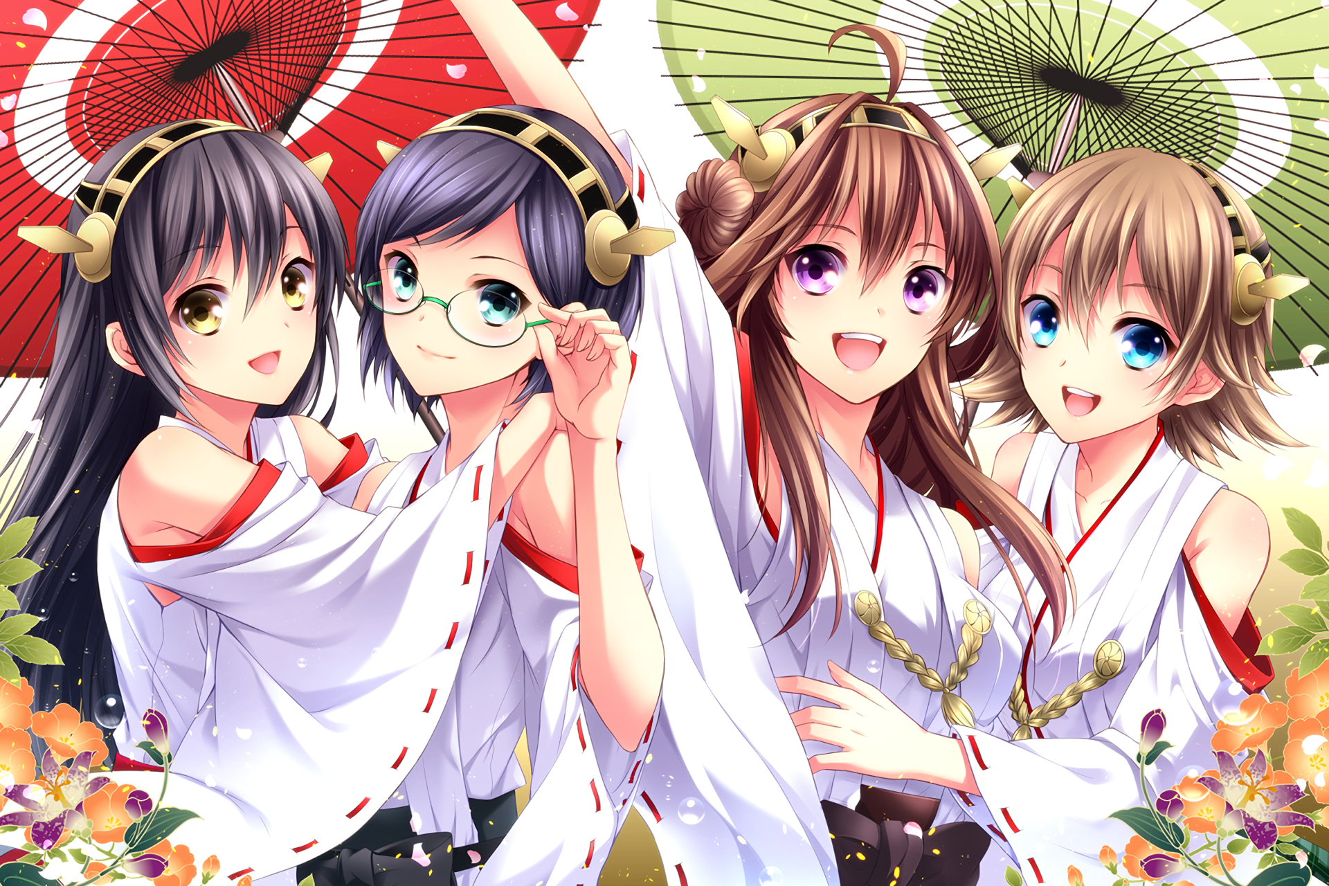 Four girls with umbrellas from Kantai Collection HD Wallpaper