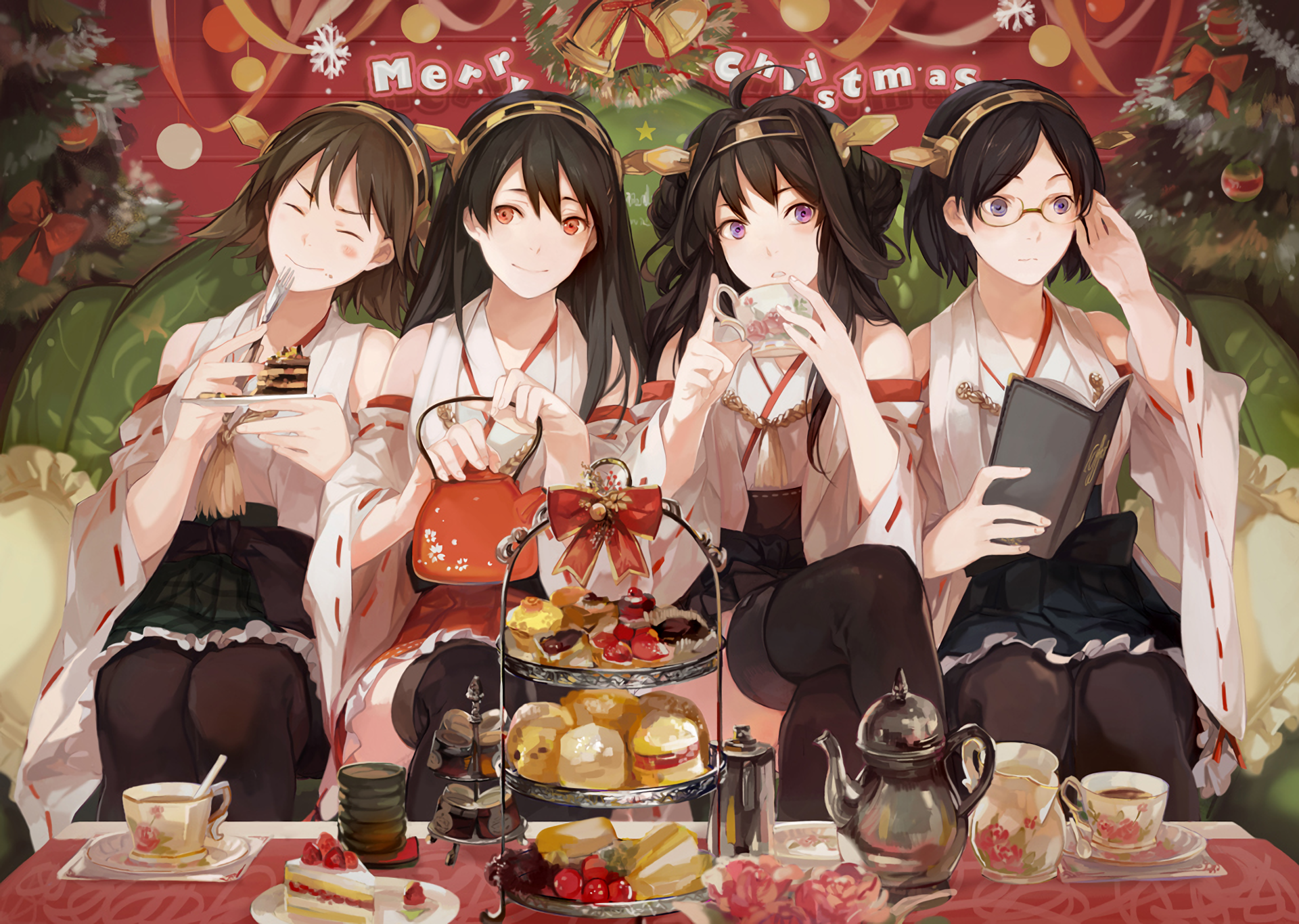 Four girls from Kancolle enjoying Christmas tea party HD Wallpaper