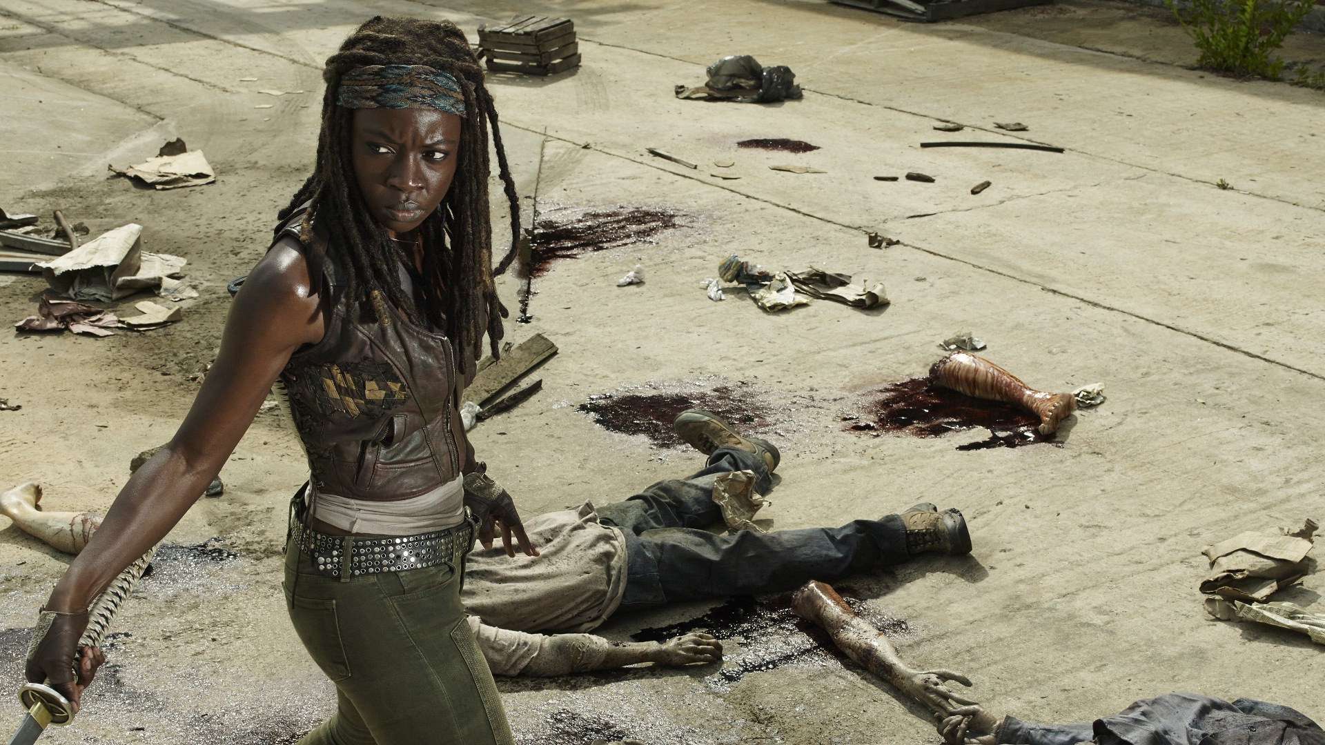 Michonne from The Walking Dead with sword and dead bodies HD Wallpaper